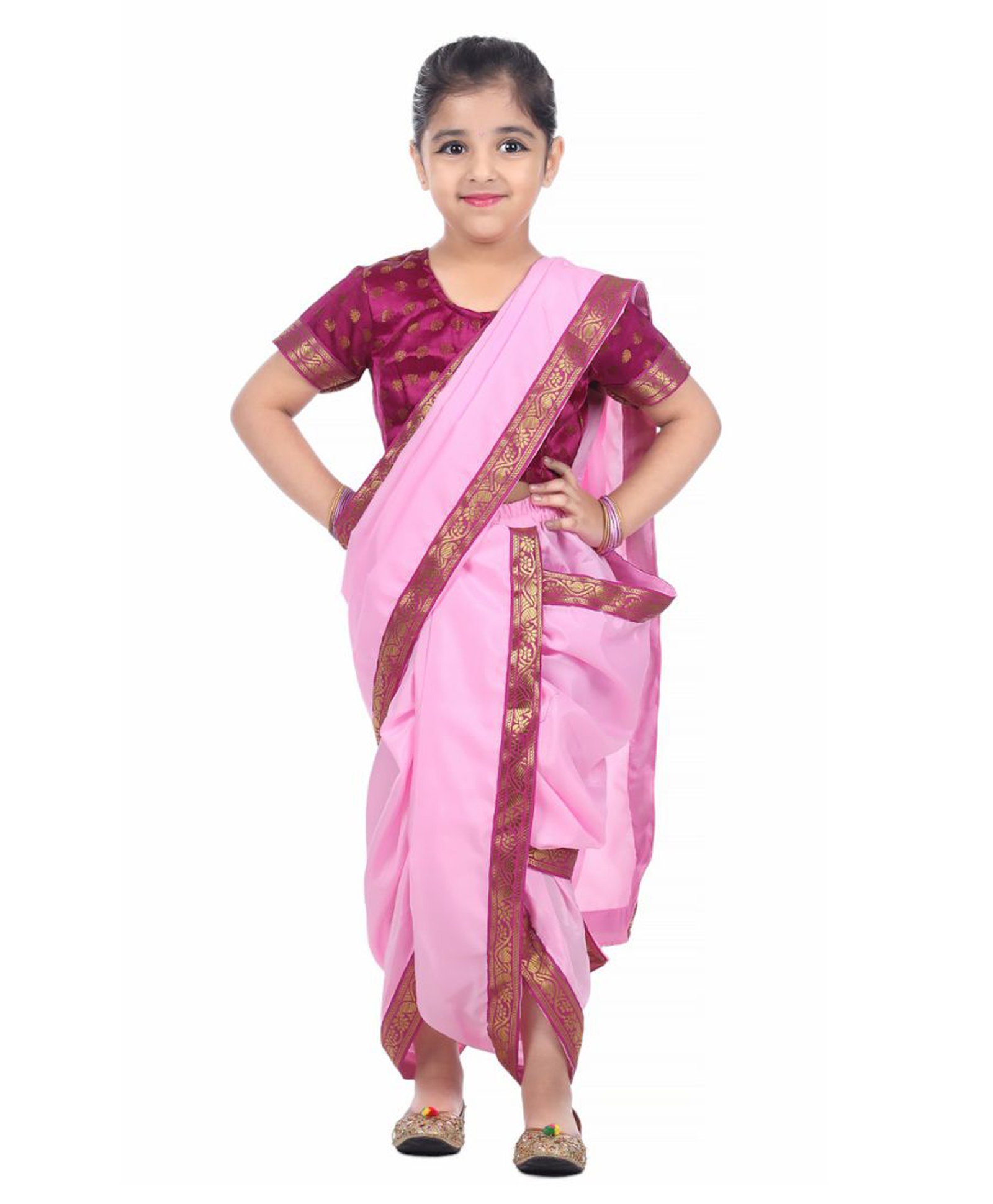 Itsmycostume Satin Marathi Theme Costume Set - Pink & Wine-image-35