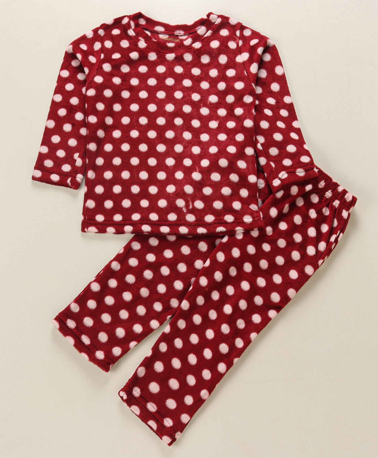 Kanvin Supersoft Extra Warm Velour Full Sleeves Winter Wear Night Suit with Polka Dots - Maroon-image-34