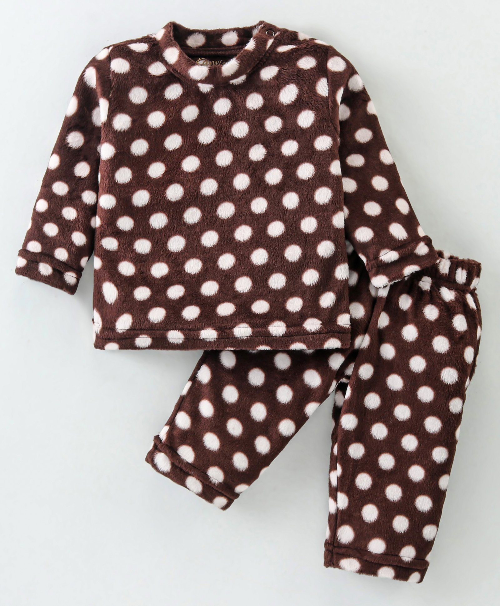Kanvin Supersoft Extra Warm Velour Full Sleeves Winter Wear Night Suit with Polka Dots - Brown-image-23