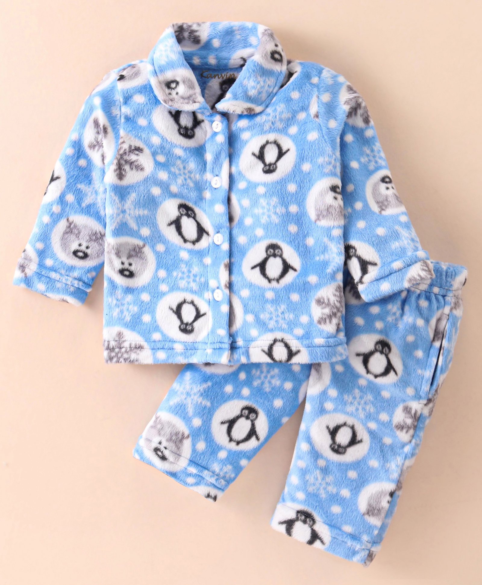 Kanvin Supersoft Extra Warm Velour Full Sleeves Winter Night Suit With Penguin Print - Sky Blue-image-19