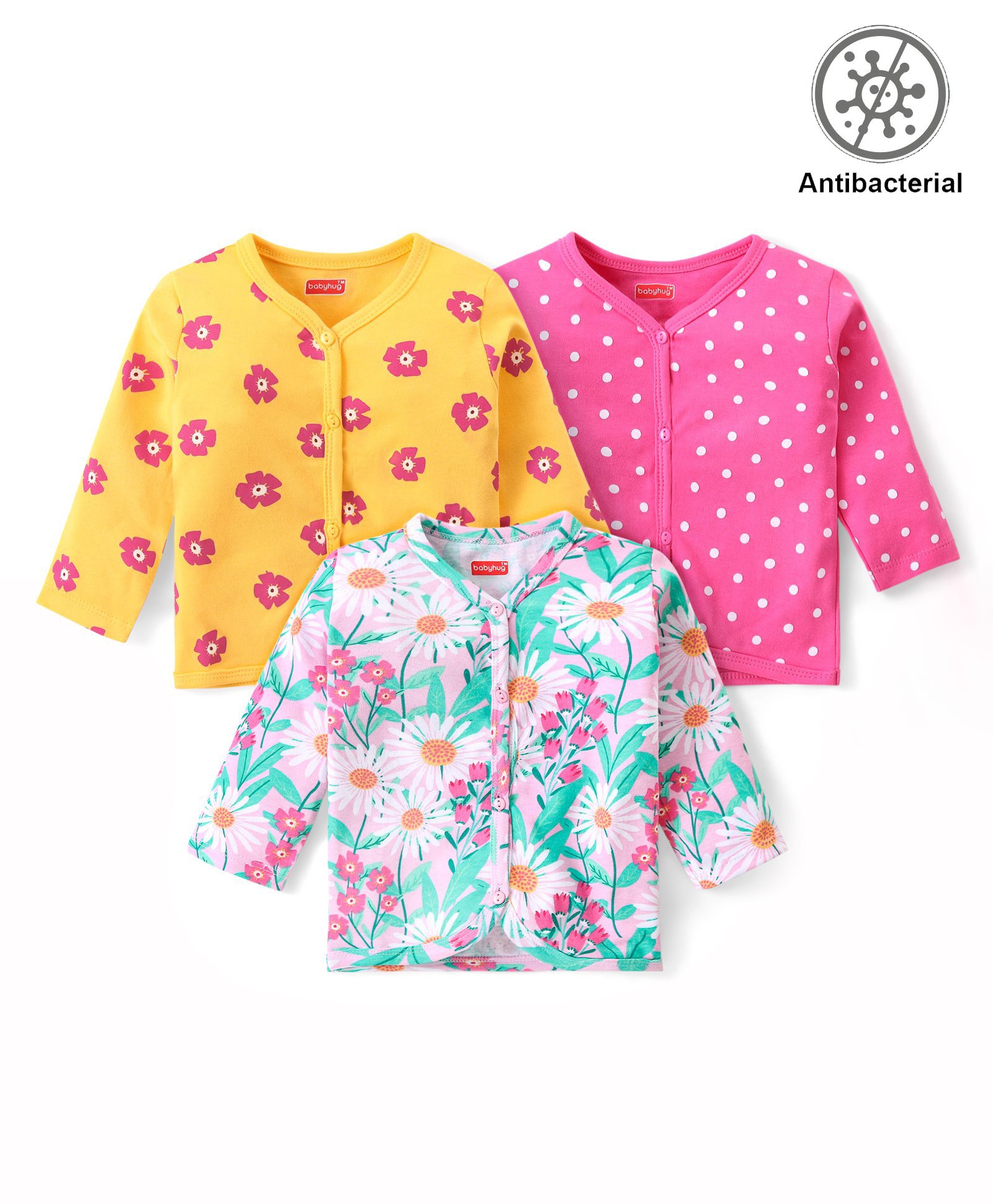 Babyhug 100% Cotton Knit  Antibacterial Full Sleeves  Front Open Set of Vest with Polka Dots & Floral Print Pack of 3 - Multicolour-image-19