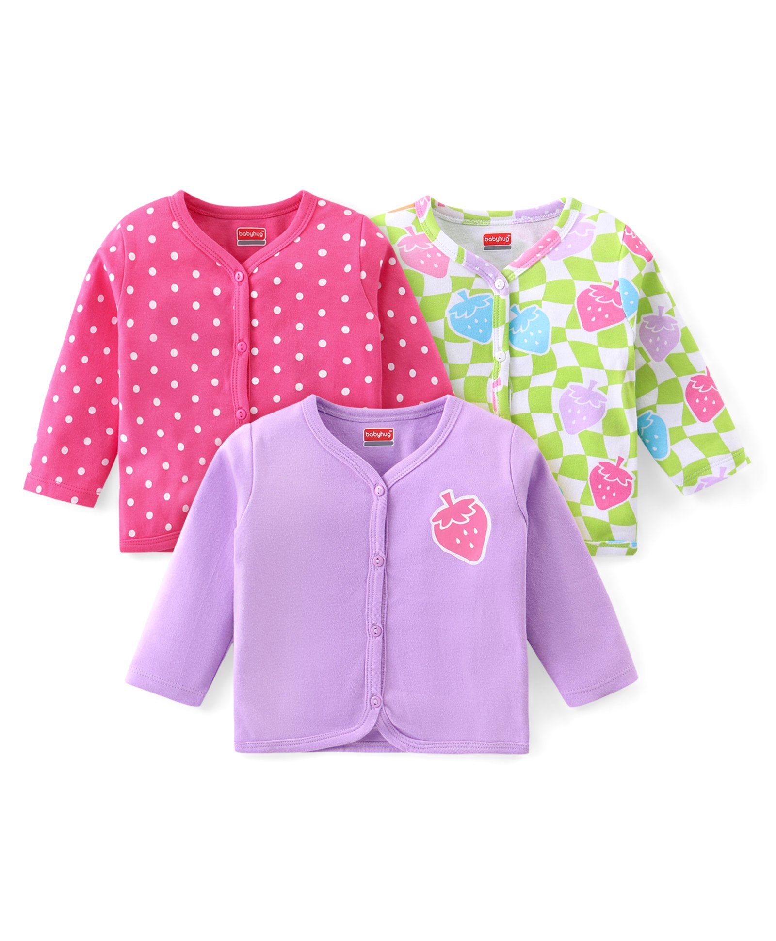 Babyhug 100% Cotton Knit Full Sleeves Antibacterial Front Open Vests with Polka Dots & Strawberry Print  Pack of 3 - Pink Green & Purple-image-41