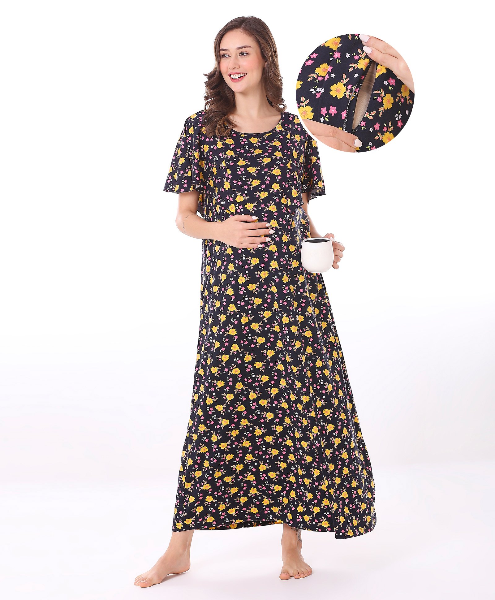 Bella Mama Cotton Knit Half Sleeves Maternity Nursing Nighty with Concealed Zipper Floral Print - Black-picture-12