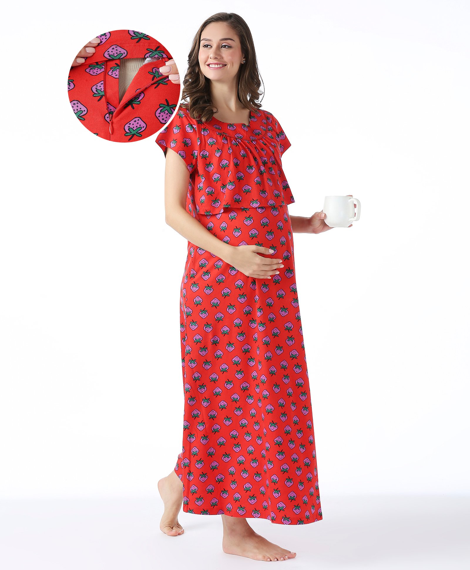 Bella Mama Cotton Knit Half Sleeves Concealed Zipper Strawberry Print Nighty - Red-picture-20