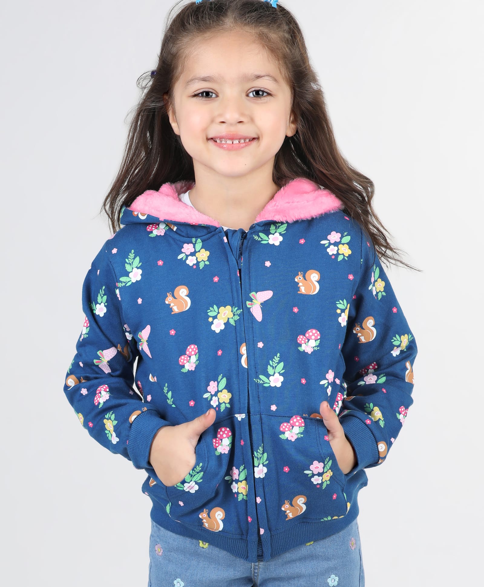 Babyhug Full Sleeve Front Open Hooded  Sweat Jacket with Floral Print & Pocket Detailing  - Blue-image-26