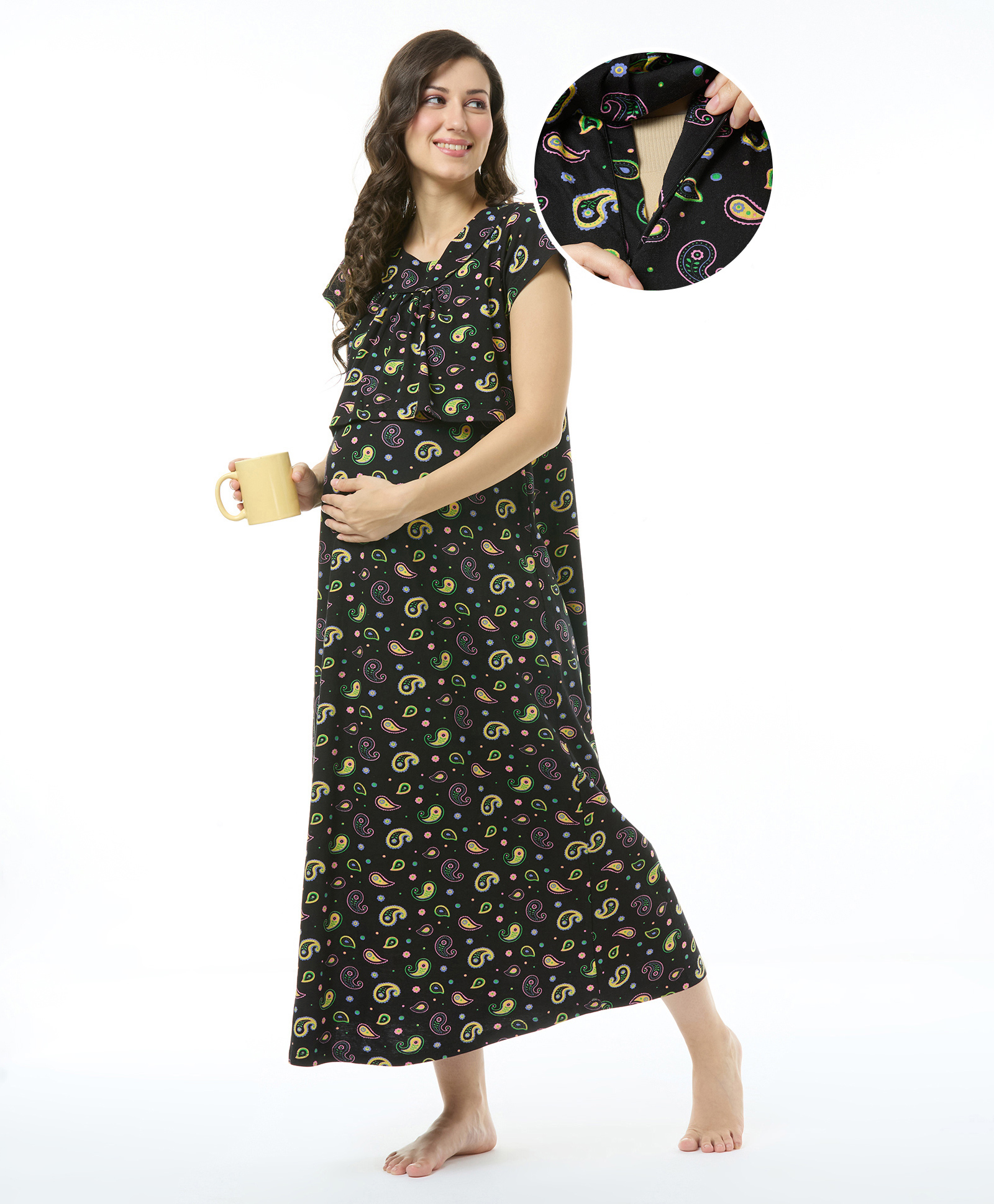 Bella Mama Cotton Knit Half Sleeves Concealed Zipper Floral Print Nighty - Black-image-25