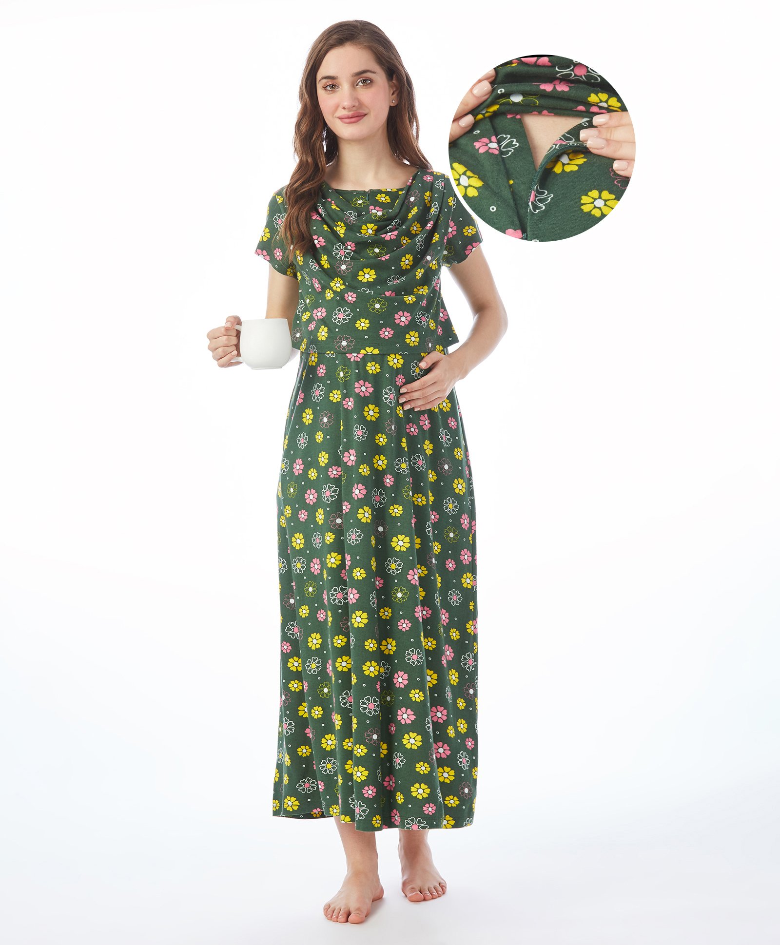 Bella Mama Cotton Knit Half Sleeves Nursing Nighty Floral Print - Green-image-34