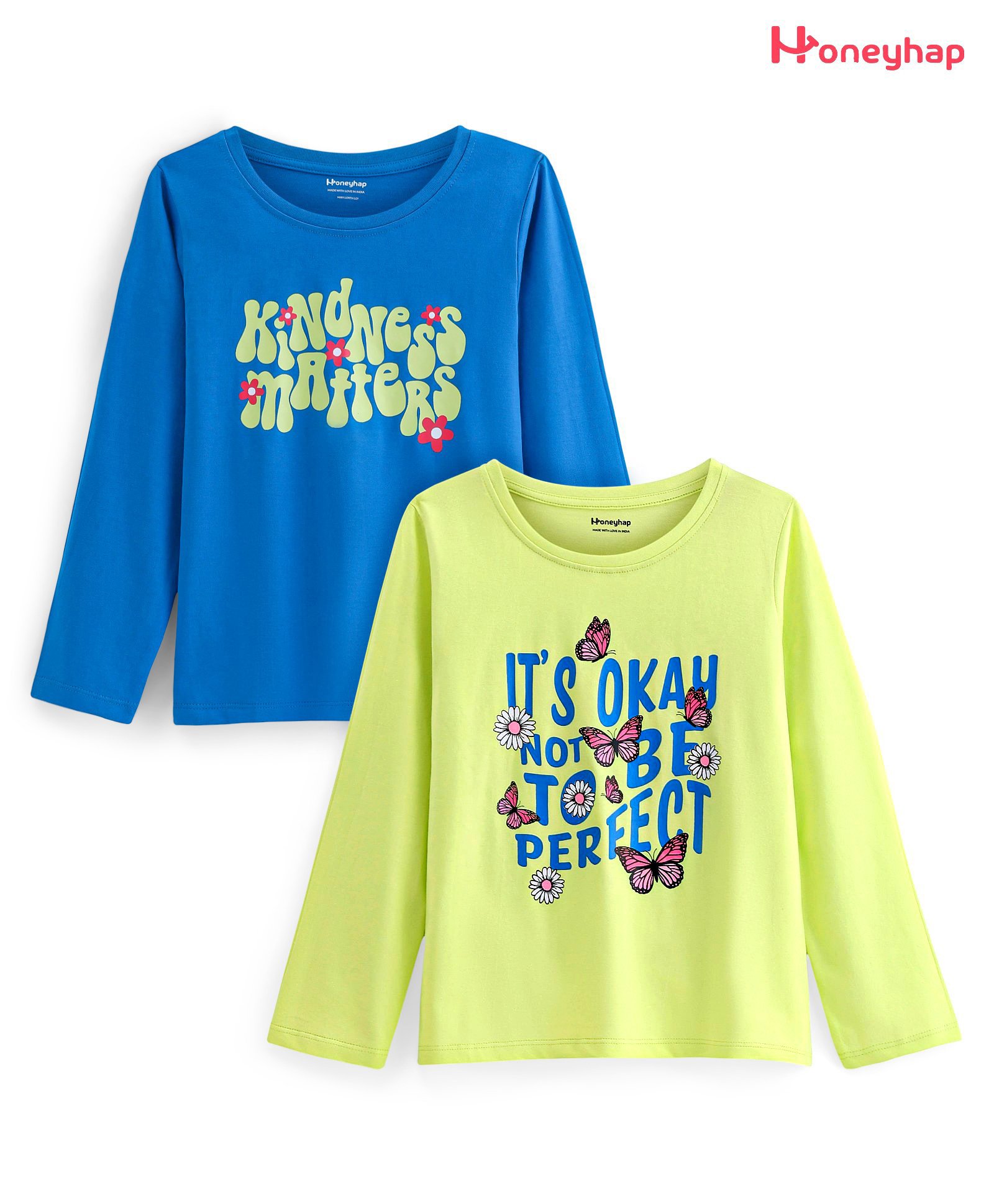 Honeyhap Premium 100% Cotton Knit Full Sleeves T-Shirts  with Bio Finish Text Print Pack of 2 - Sunny Lime & Indigo Bunting-image-27