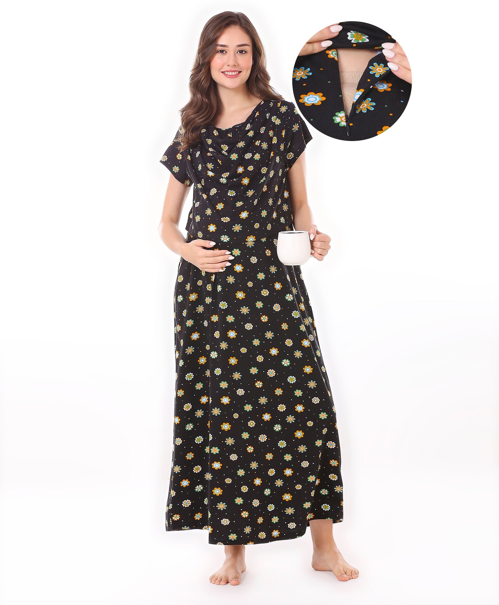 Bella Mama Cotton Knit Half Sleeves Maternity Nursing Nighty with  Concealed Zipper Floral Print - Black-image-29