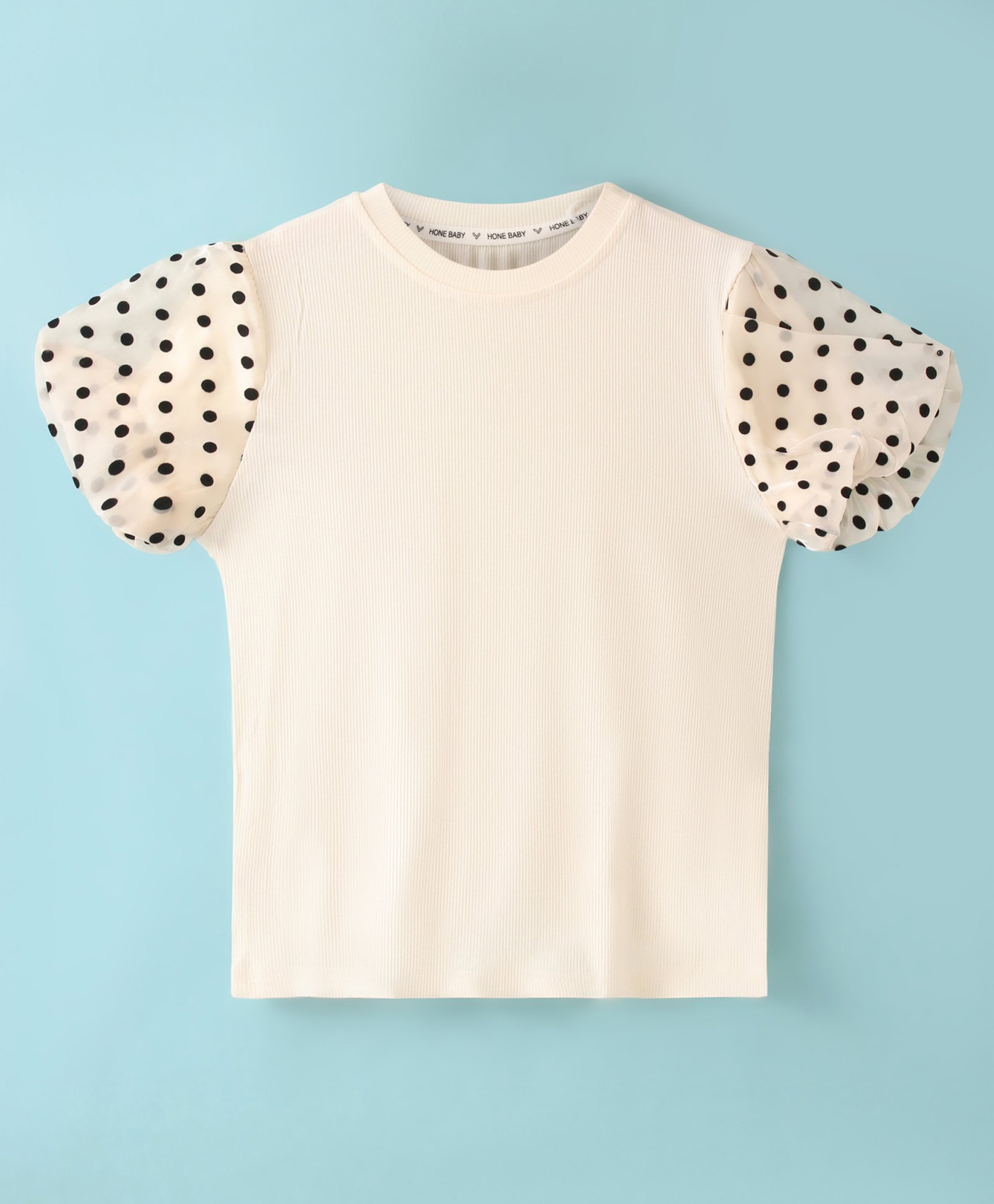 Kookie Kids Half Puffed Sleeves Polka Dots Printed Ribbed Top - Peach-picture-20