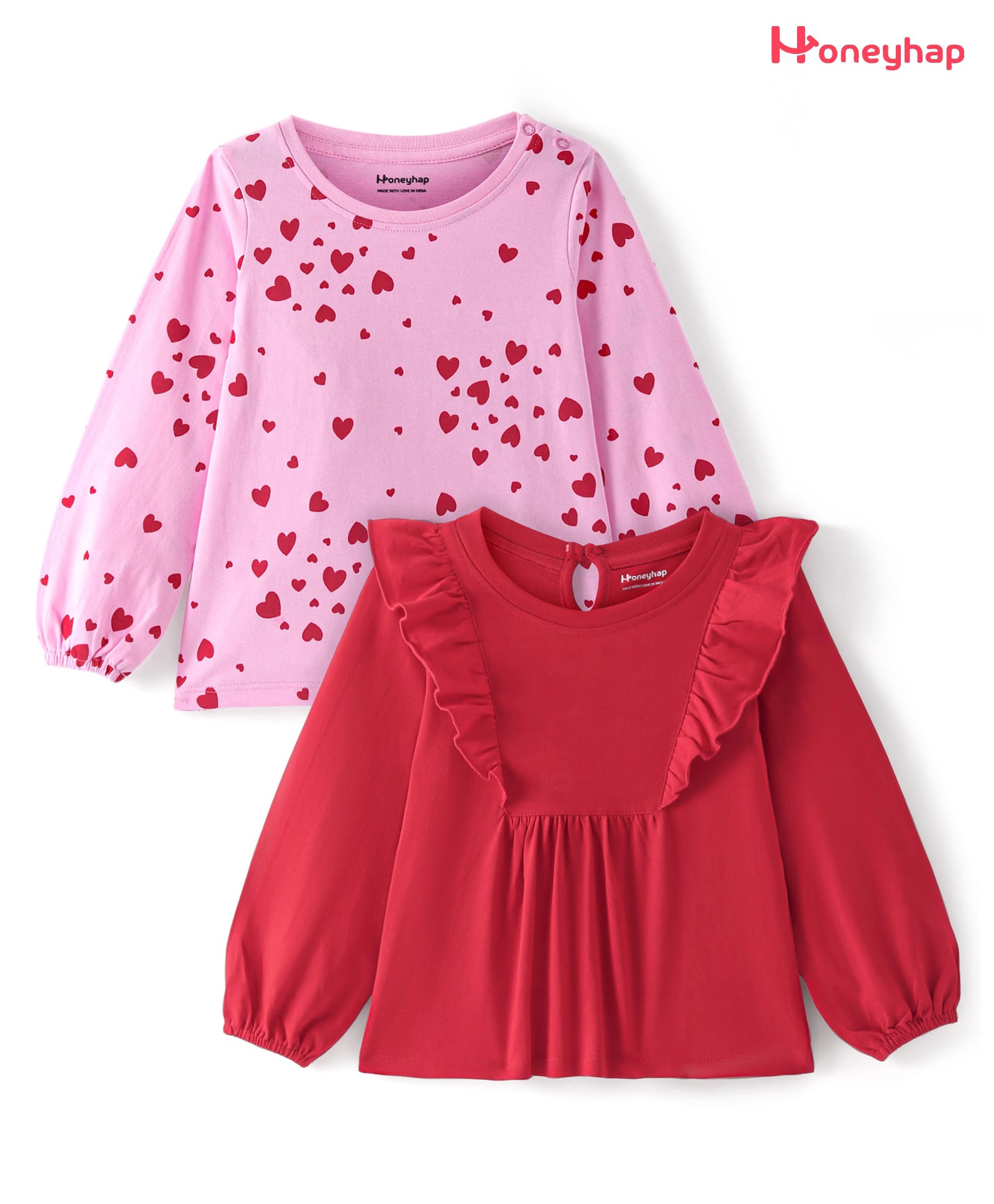 Honeyhap 100% Cotton Full Sleeves Top with Heart Print & Frill Detailing Pack of 2 - Pink & Red-picture-0