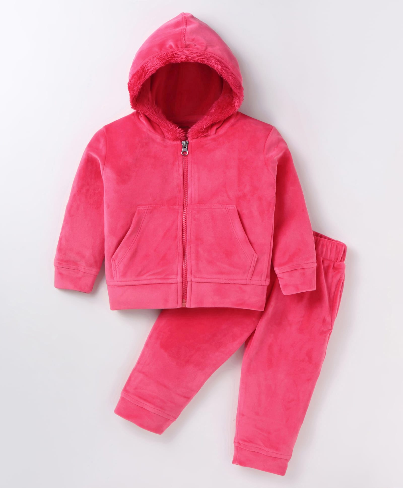 Kanvin Velour Full Sleeves Hooded Front Zipper Winter Wear Co-Ord Suit With Kangaroo Pocket - Dark Pink-image-22