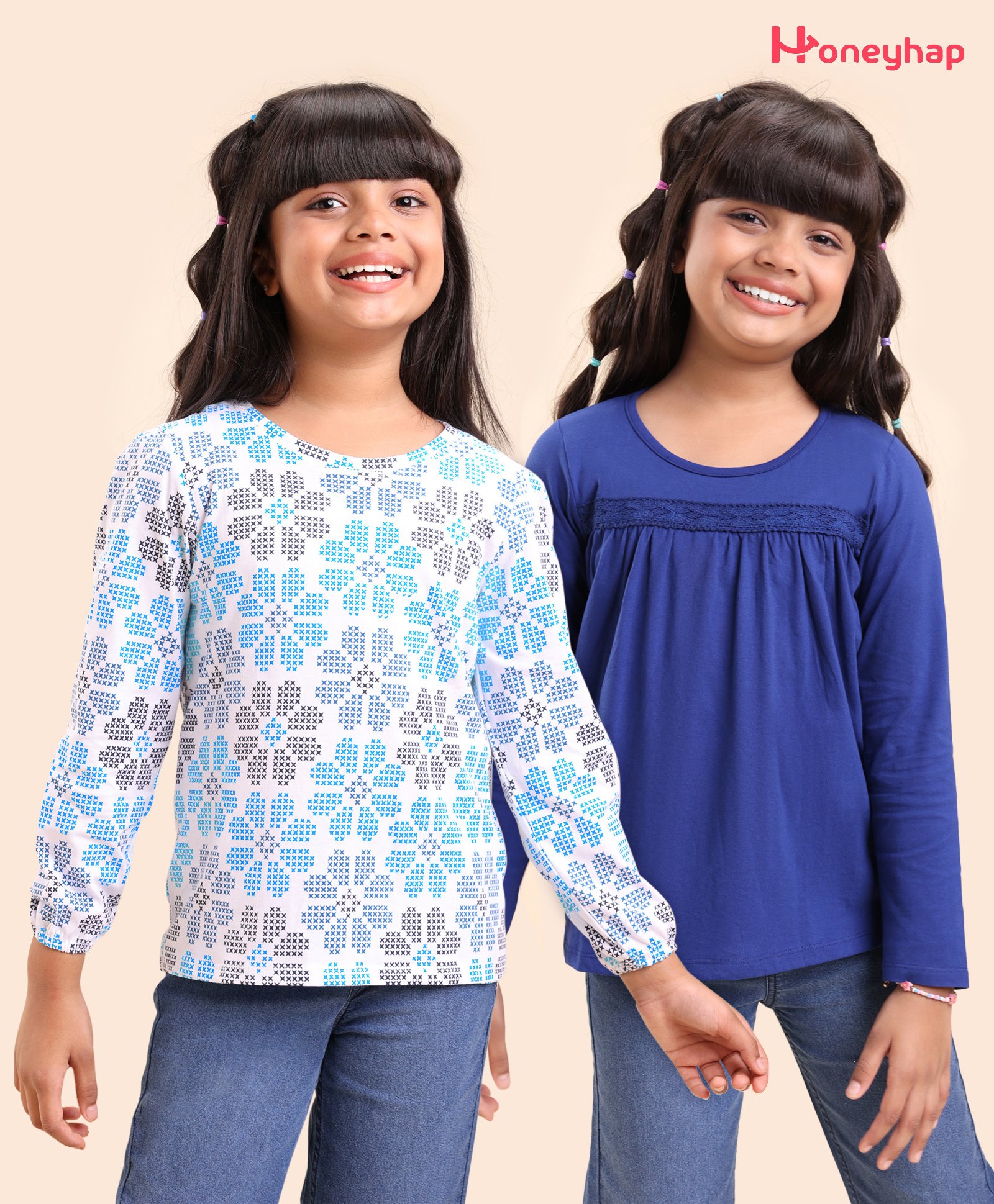 Honeyhap Premium 100% Cotton Full Sleeves Floral Print Top with Bio Finish Pack of 2 - White & Limoges-image-5