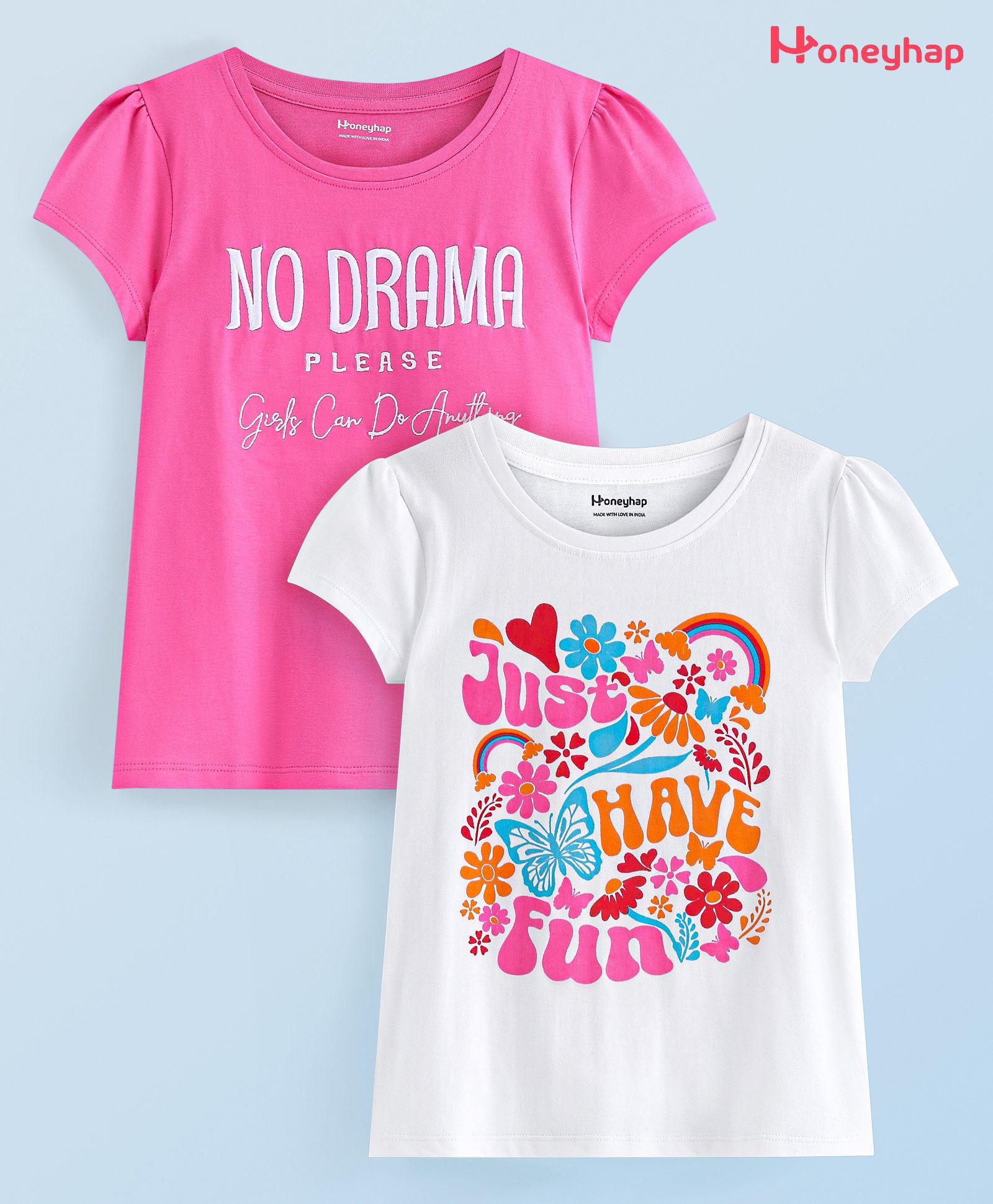 Honeyhap Premium 100% Cotton Knit Half Sleeves Top with Bio Finish Floral & Text Print Pack of 2 - Pink & Bright White-picture-2