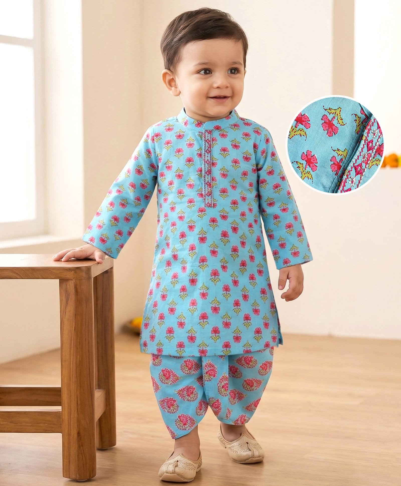 Babyhug Cotton Woven Full Sleeves Floral Printed Kurta & Dhoti Set -Light Blue-picture-21