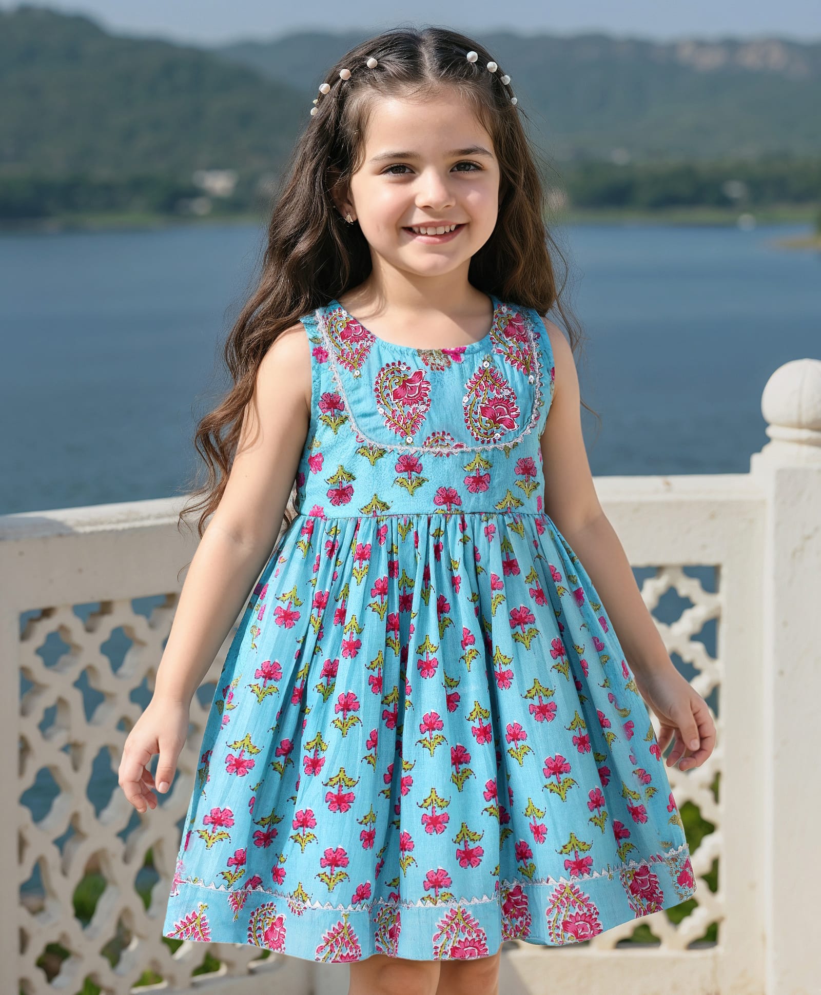 Babyhug Cotton Woven Sleeveless Ethnic Frock with Floral Print & Sequin Detailing - Blue-image-12