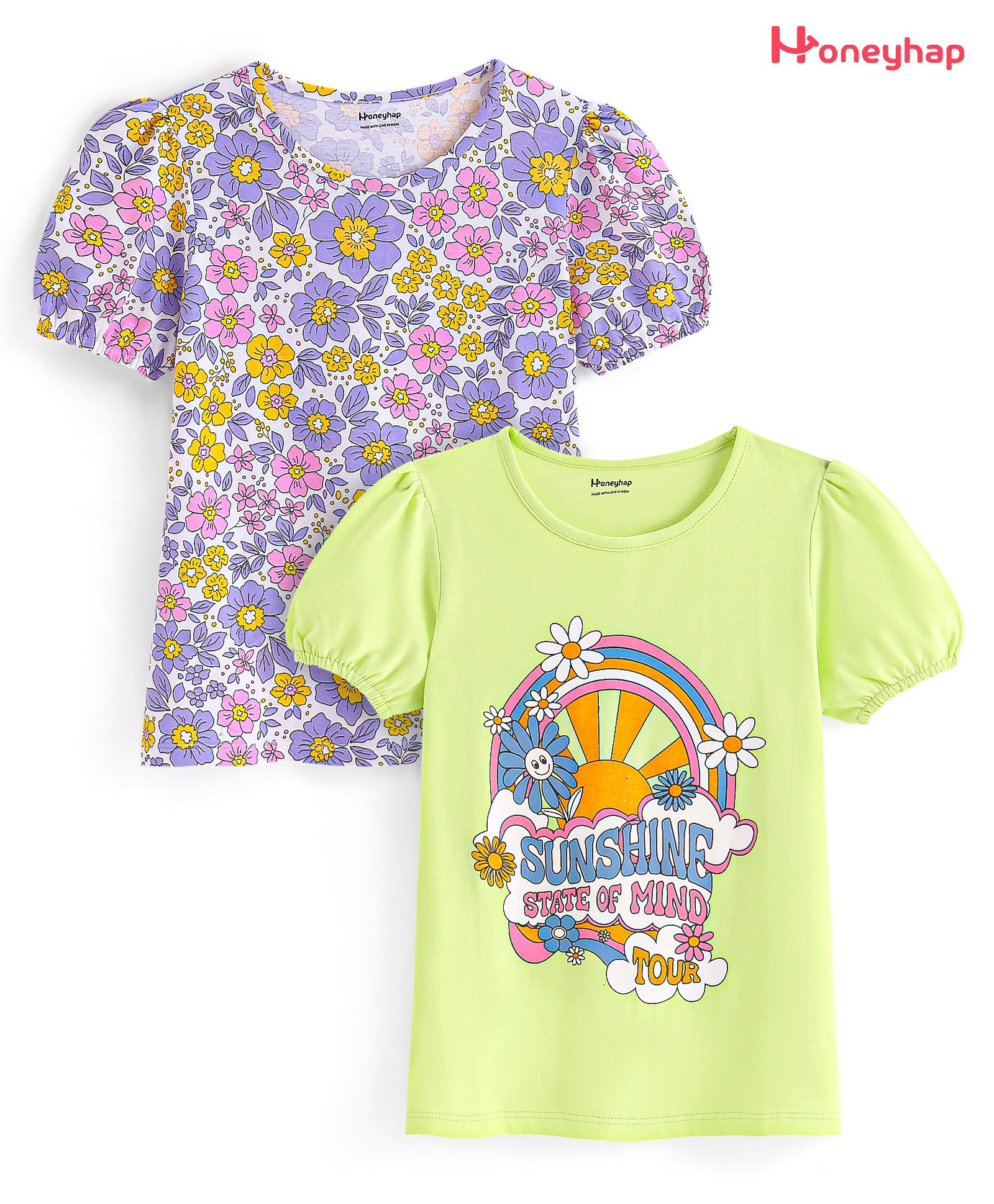 Honeyhap Premium 100% Cotton Puff Sleeves Floral Printed Bio Finished Tops Pack Of 2 - Bright White & Sunny Lime-picture-23