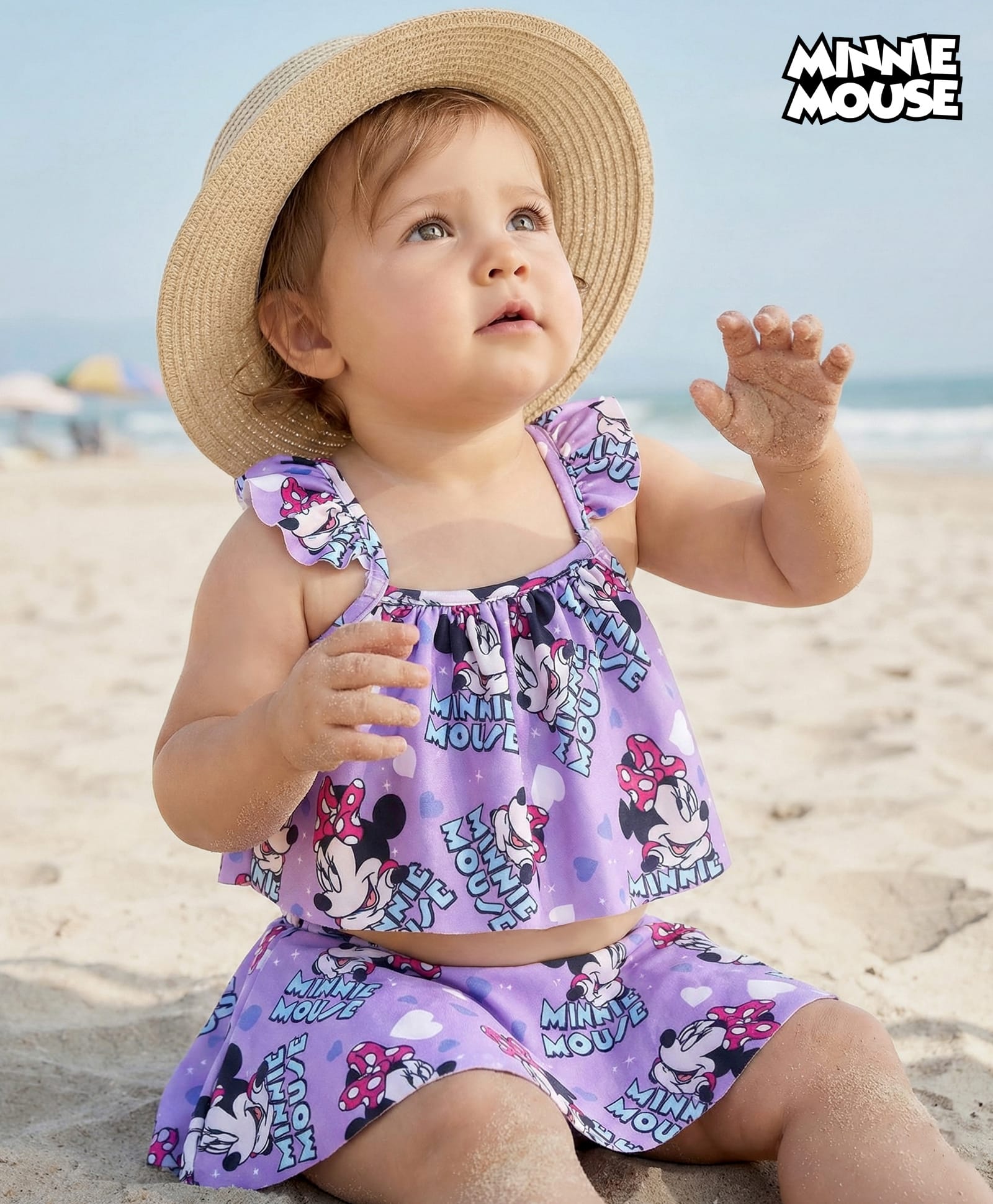 Babyhug Disney Frilled Sleeves Two Piece Swimsuit With Minnie Mouse Print - Purple-image-19