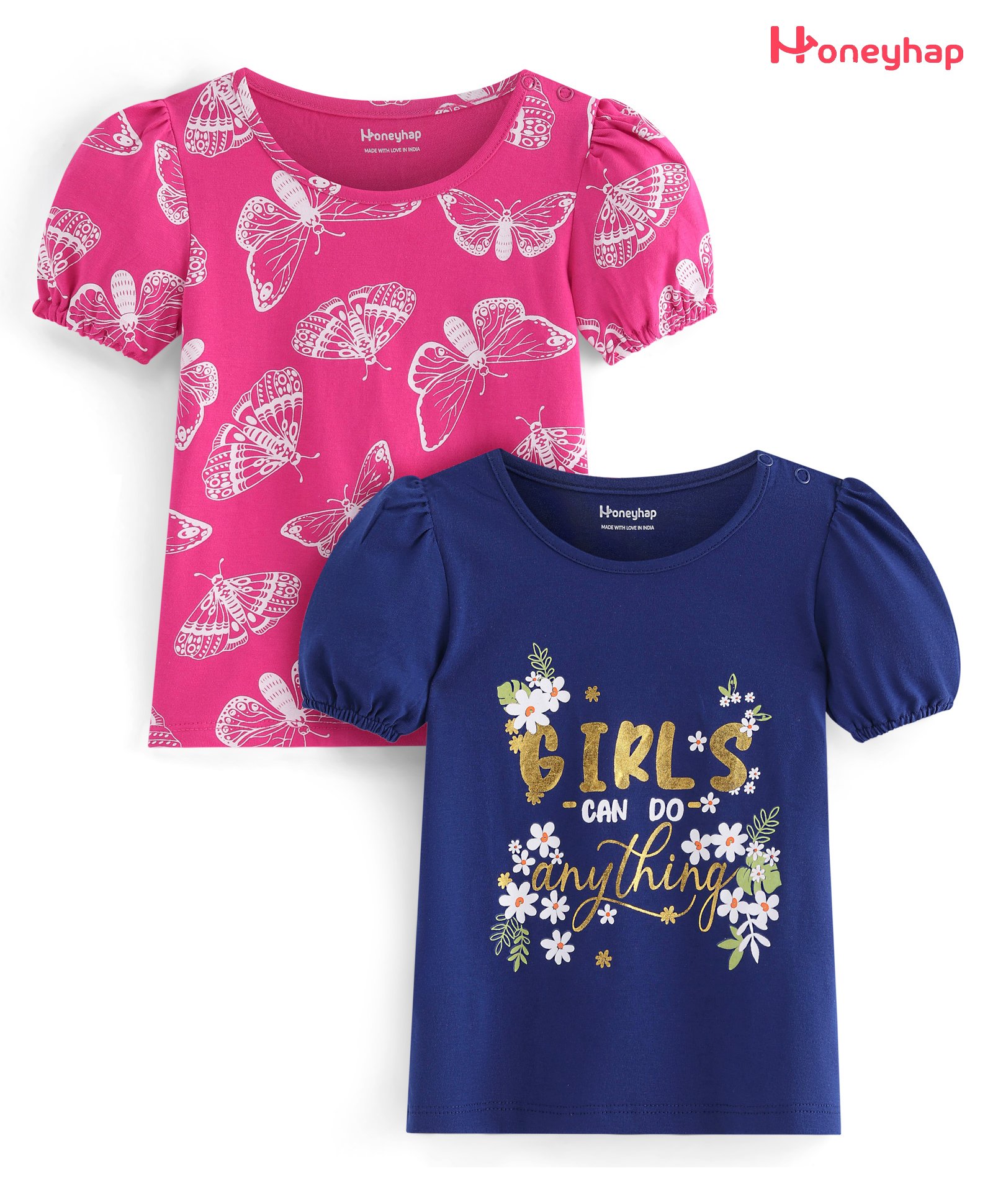 Honeyhap Premium 100% Cotton Knit Puff Sleeves Tops With Bio Finish & Glitter Foil Text Print Pack Of 2 - Navy Blue & Pink-image-10