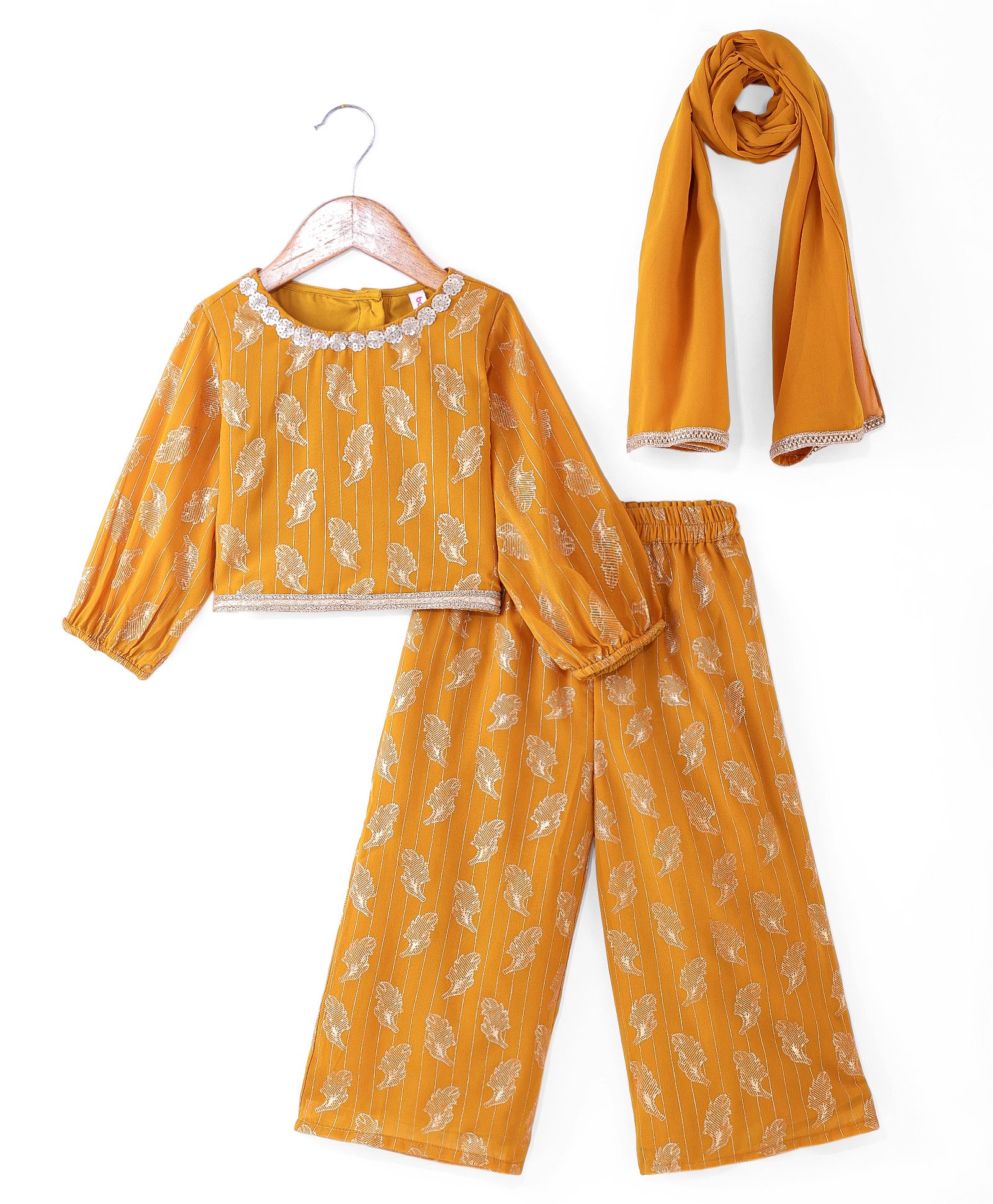 Babyhug Georgette Woven Full Sleeves Leaves Printed Sequined EmbroideredTop & Palazzo Set with Dupatta - Mustard-image-26