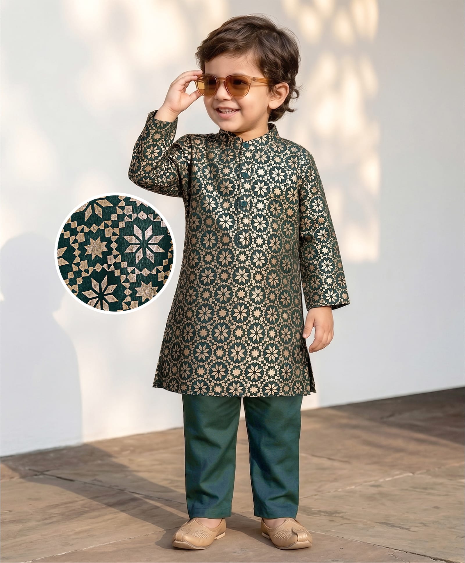 Babyhug Woven Full Sleeves Floral Foil Printed Kurta Pyjama Set - Dark Green-image-15