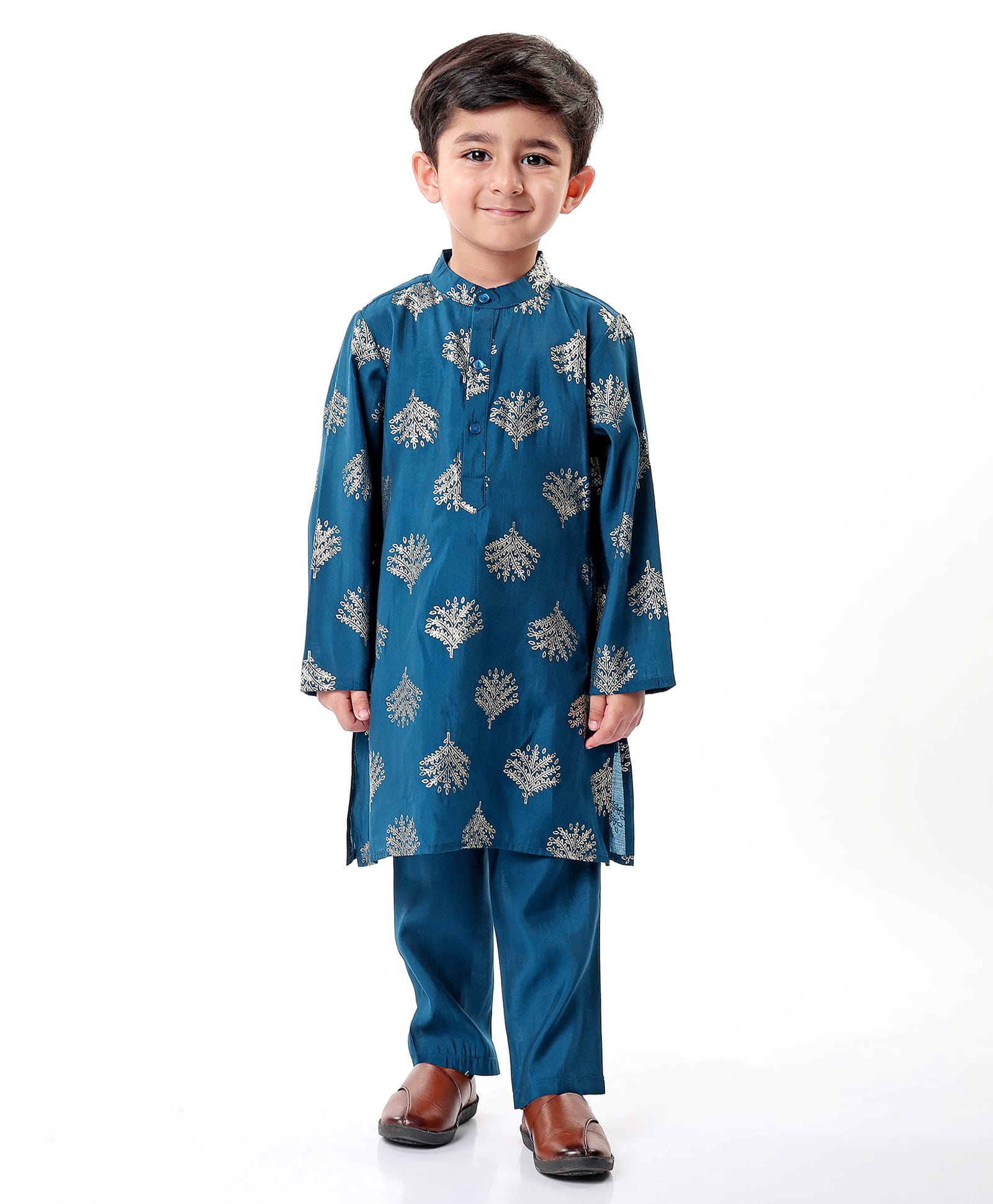 Babyhug Woven Full Sleeves FoilPrinted Kurta Pyjama Set - Teal-image-14