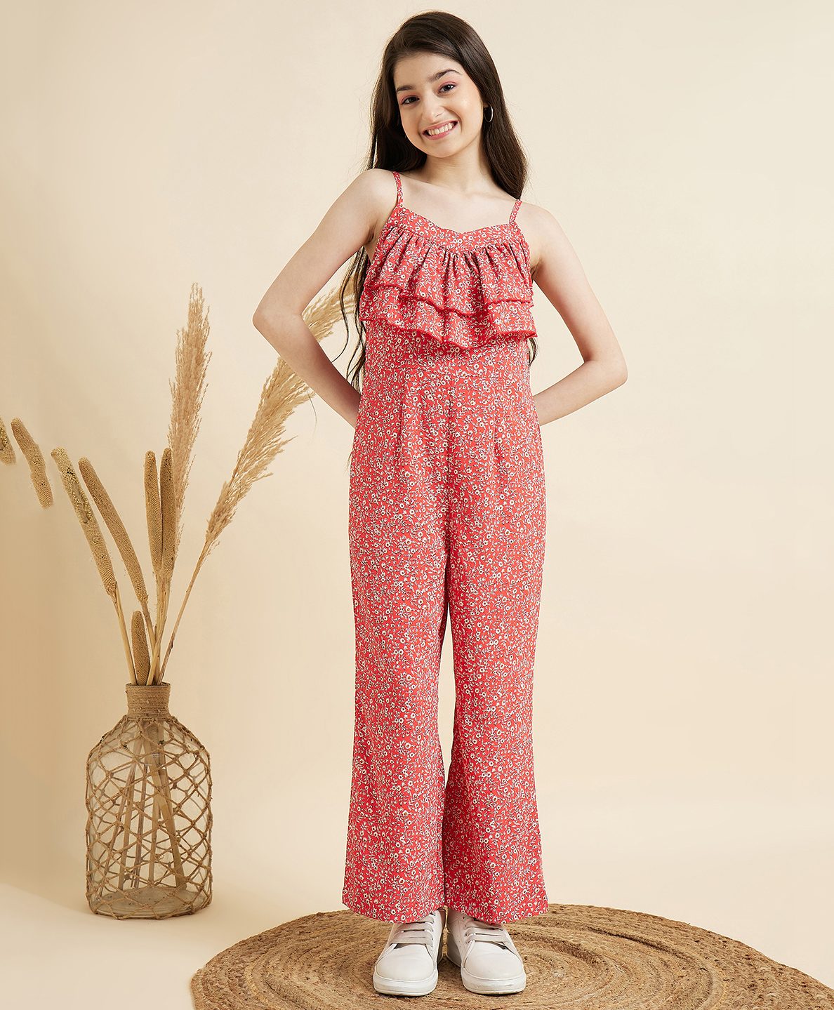 Cherry & Jerry Sleeveless Floral Printed Ruffle Jumpsuit - Red-picture-10