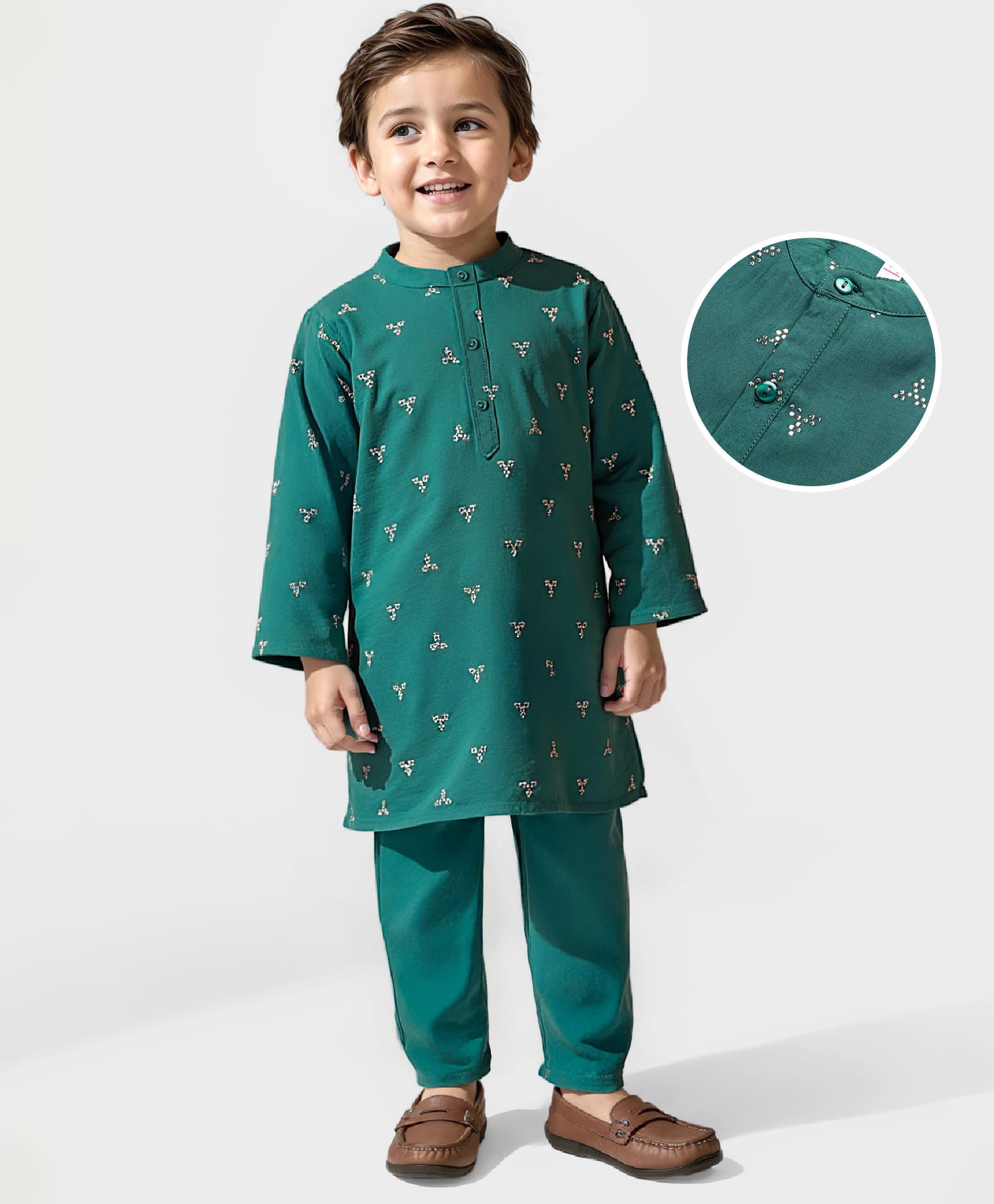 Babyhug Woven  Full Sleeves Sequinned Kurta Pyjama Set - Green-image-23