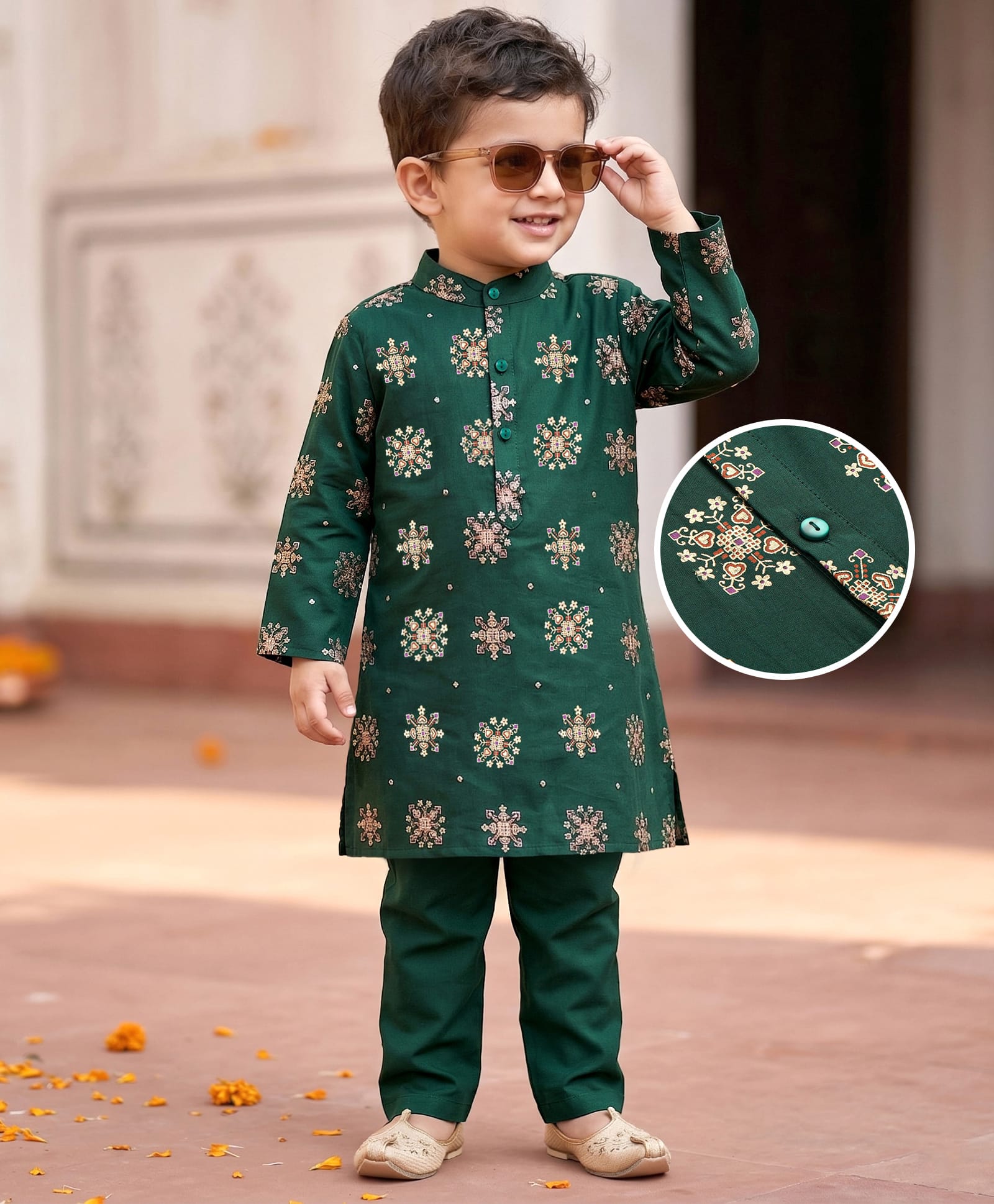 Babyhug Woven FloralFull Sleeves Mandarin Collar Foil Printed Kurta & Pyjama Set - Green-picture-23