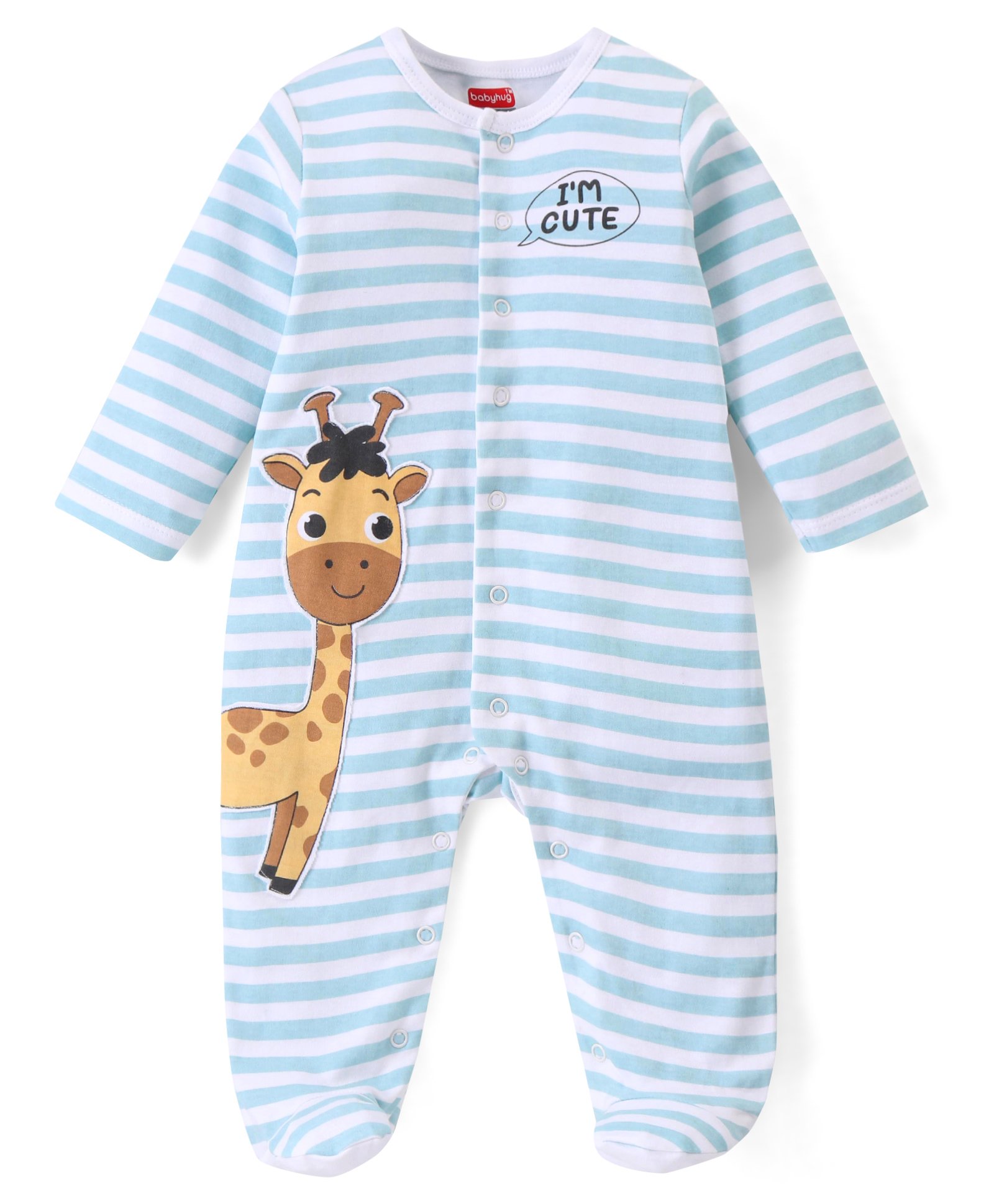 Babyhug Cotton Knit Full Sleeves Striped Sleepsuit With Giraffe Print - Blue-picture-28