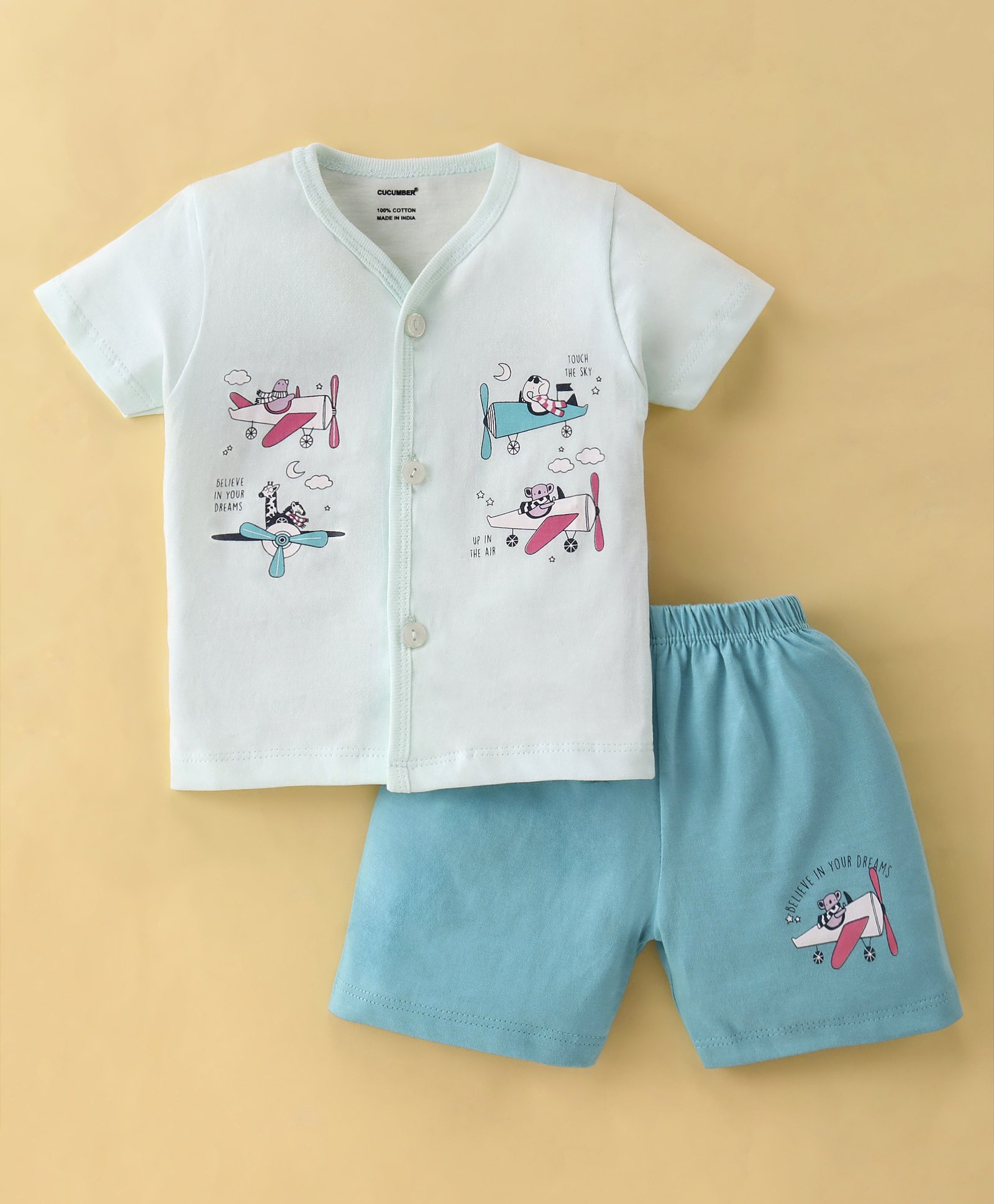 Cucumber Cotton Half Sleeves Night Suit With Airplanes Print - Light Blue-picture-20