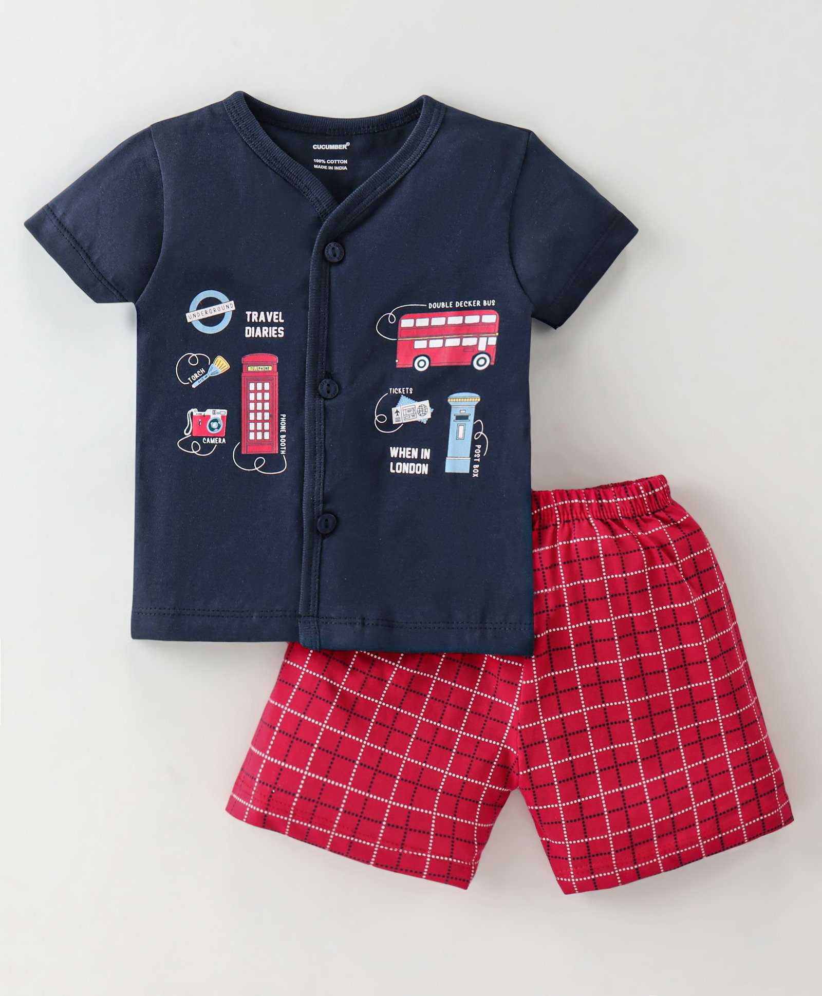 Cucumber Cotton Half Sleeves Night Suit With London Diaries Print - Navy-image-33