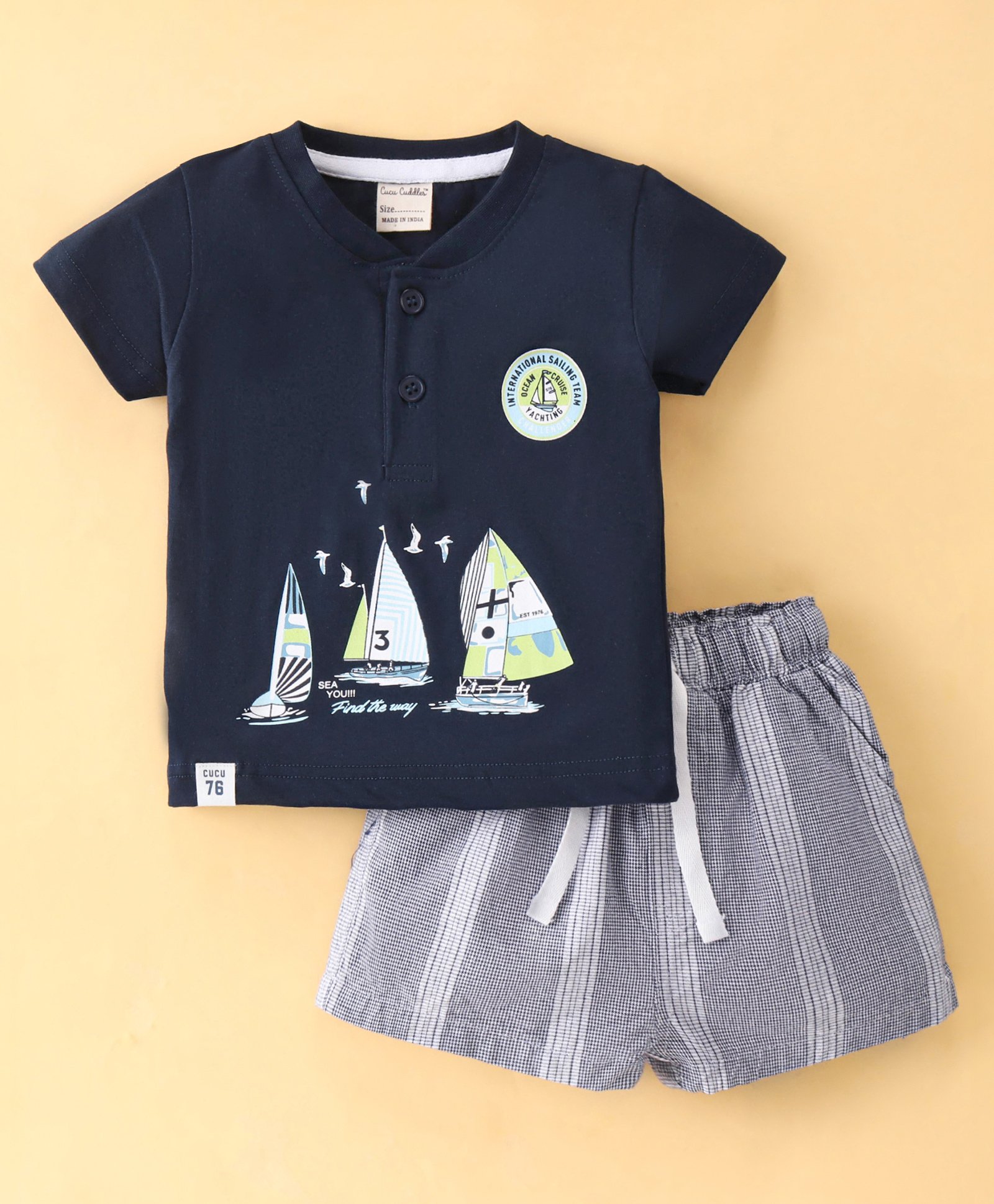Cucumber Cotton Half Sleeves Sailboat Printed T-Shirt & Shorts Set - Navy Blue-image-4