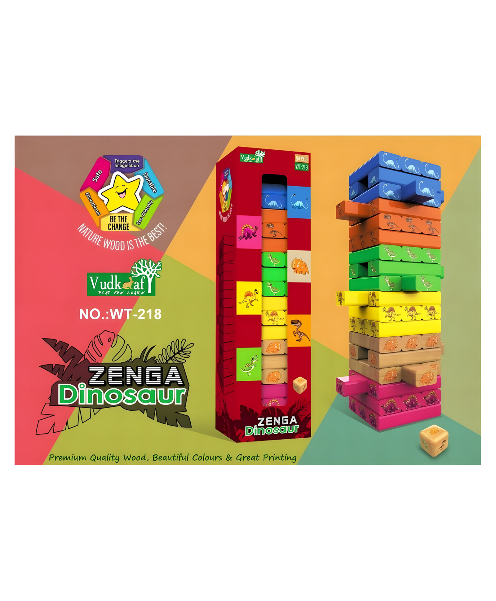 YAMAMA Stacking Toys And Blocks Zenga Dinosaur Stacking Toy Game For Kids Adults Boys And Girls Premium Quality Wood Beautiful Color And Great Printing Zenga Blocks Game 54 PcsMulticolor-image-18