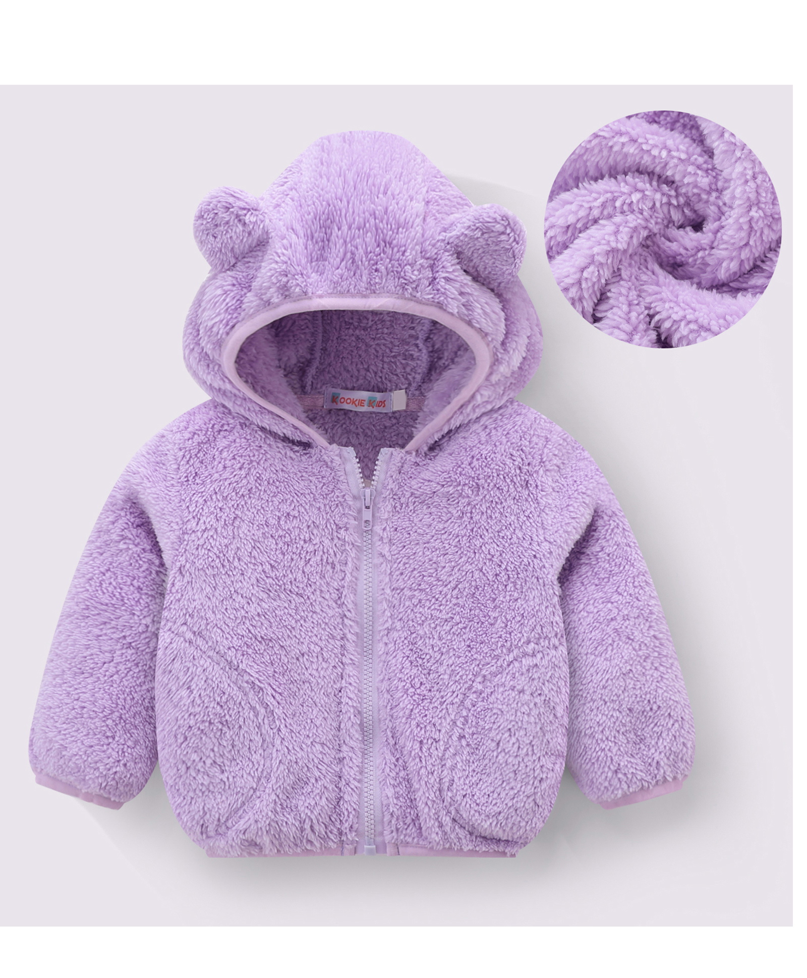 Kookie Kids Full Sleeves Front Open Hooded Fur Jacket With Ears Applique - Purple-image-33