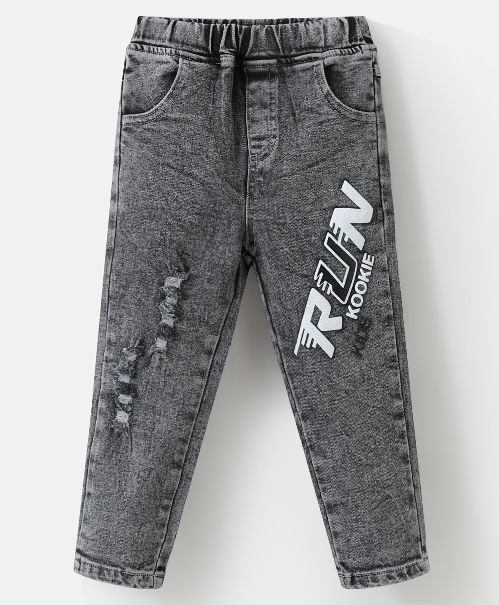Kookie Kids Full Length Washed Denim Jeans With Text Print - Grey-picture-19