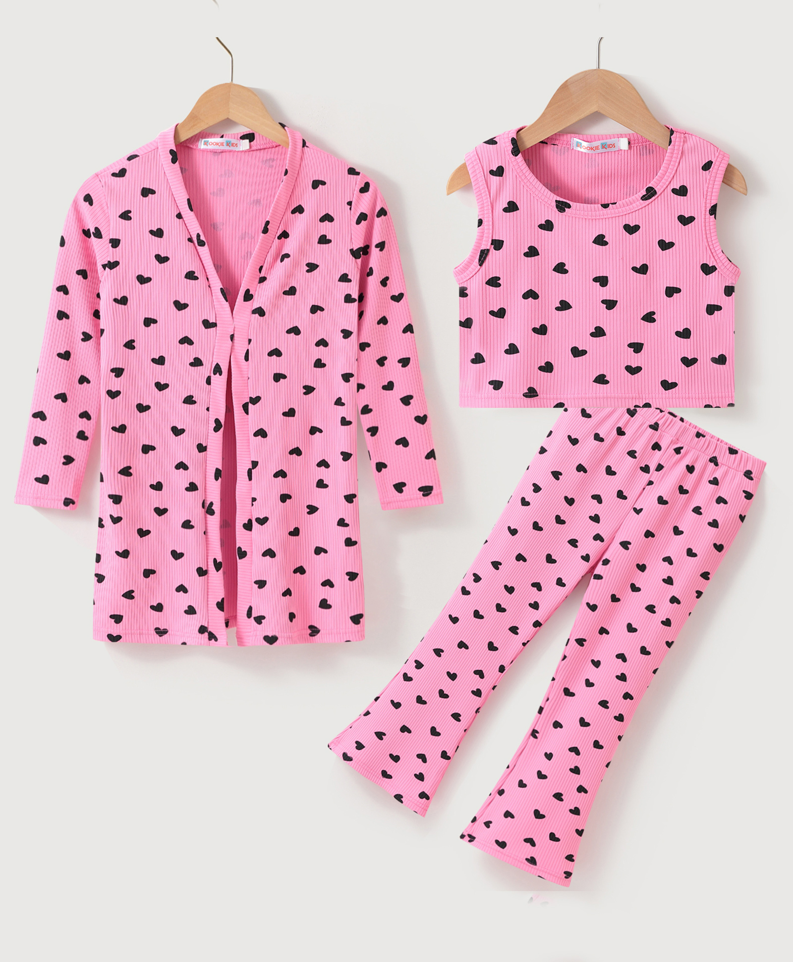 Kookie Kids Full Sleeves Winter Wear Suit With Hearts Printed Top & Pants With Shrug - Pink-image-2