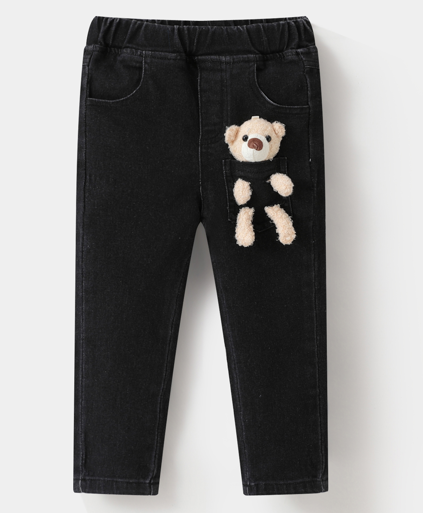 Kookie Kids Full Length Denim Jeans with Teddy Applique - Black-image-13