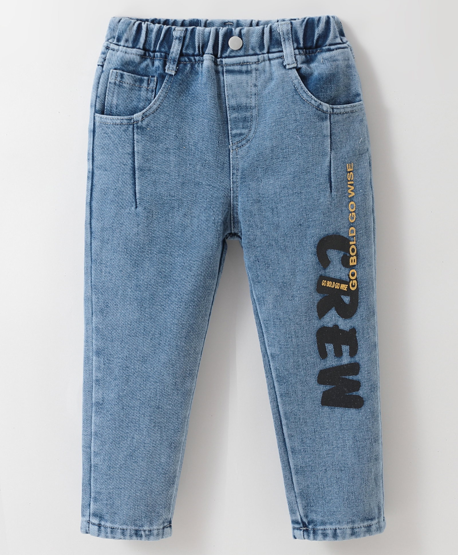 Kookie Kids Denim Full Length Jeans with Text Embroidery - Blue-image-48