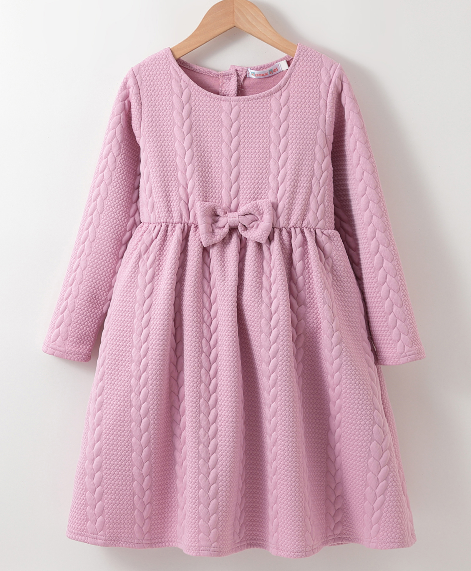 Kookie Kids Full Sleeves Woollen Party Frock with Cable Knit Design & Bow Applique - Pink-picture-33