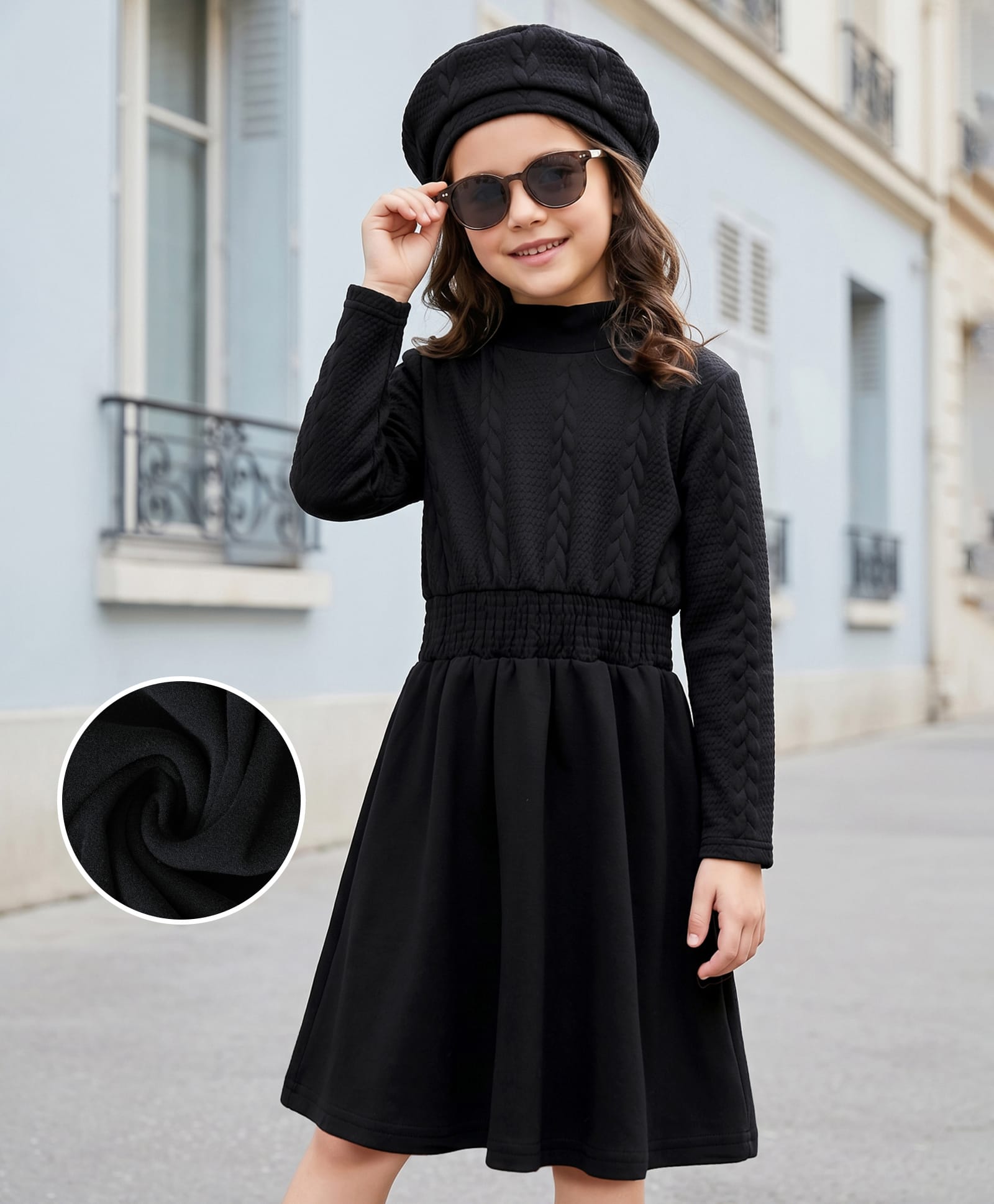 Kookie Kids Full Sleeves Solid Party Dress with High Neck - Black-image-47