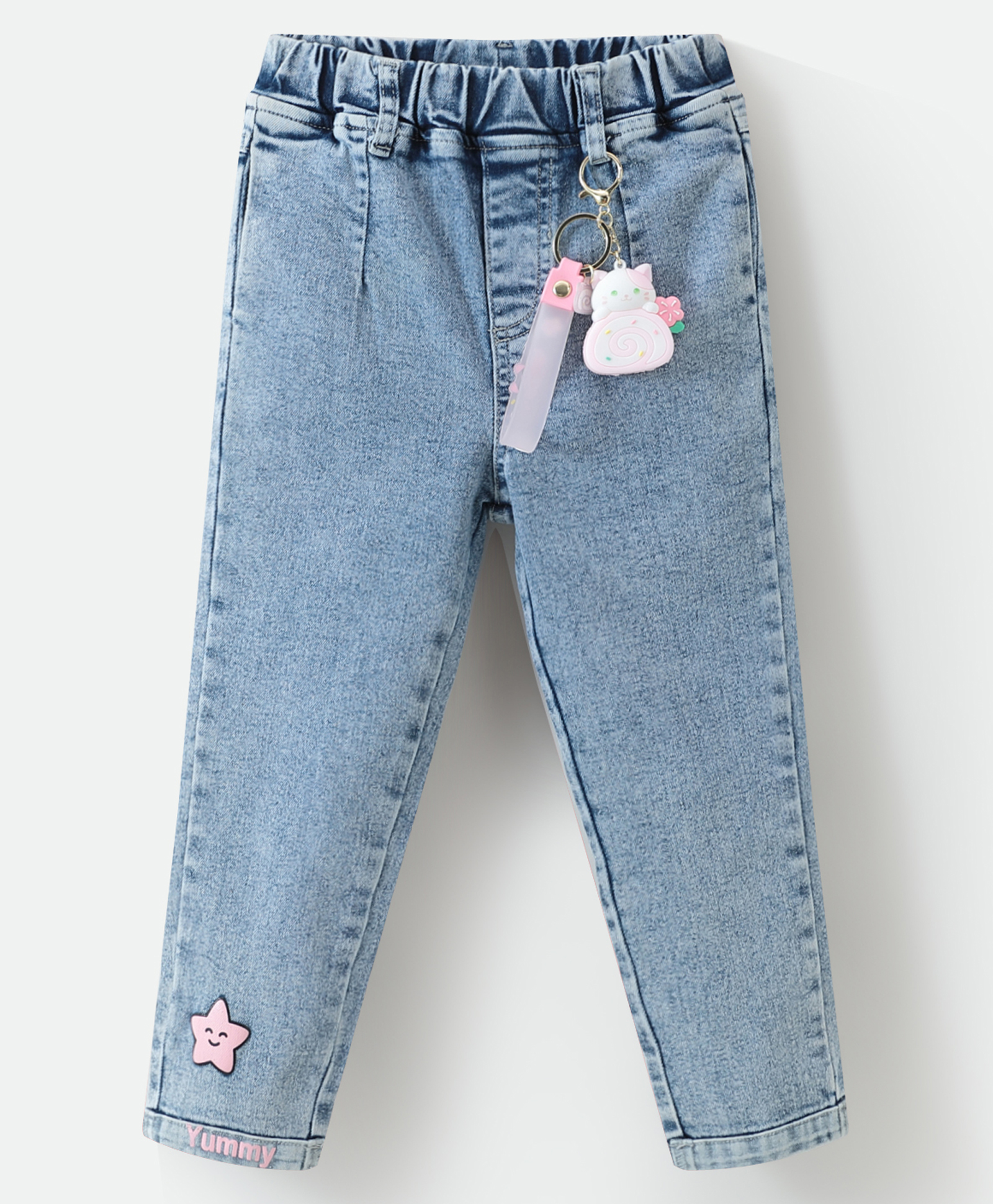 Kookie Kids Full Length Washed Denim Jeans With Kitty Applique & Star Embroidery - Blue-picture-15