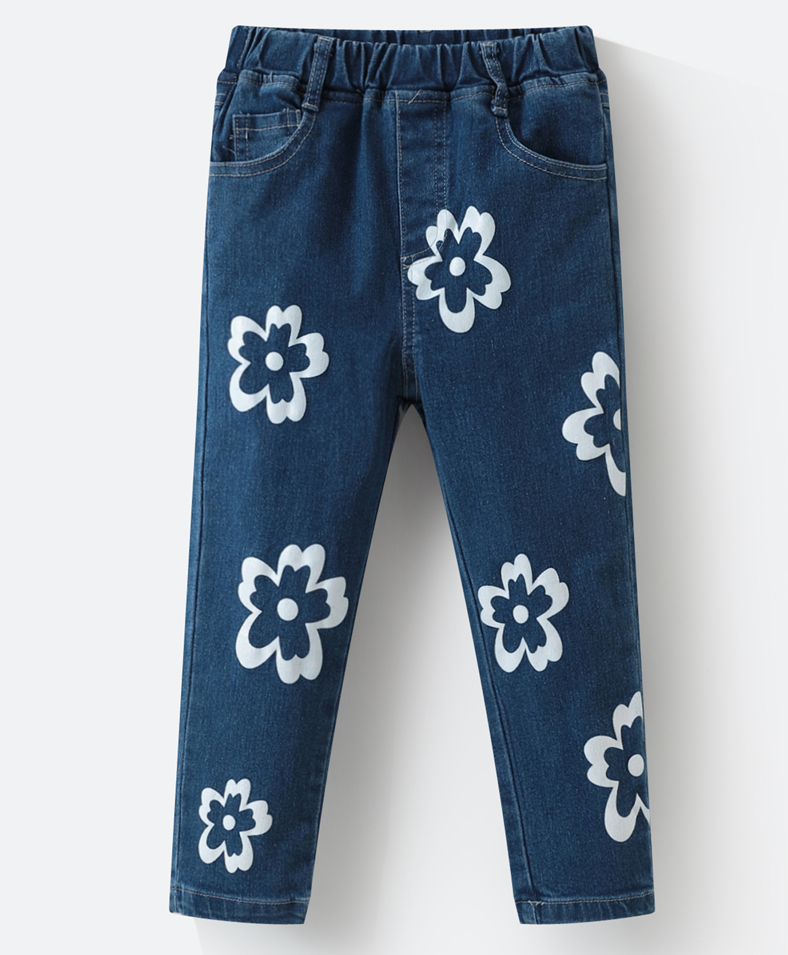 Kookie Kids Full Length Washed Denim Jeans With Floral Print - Blue-picture-10