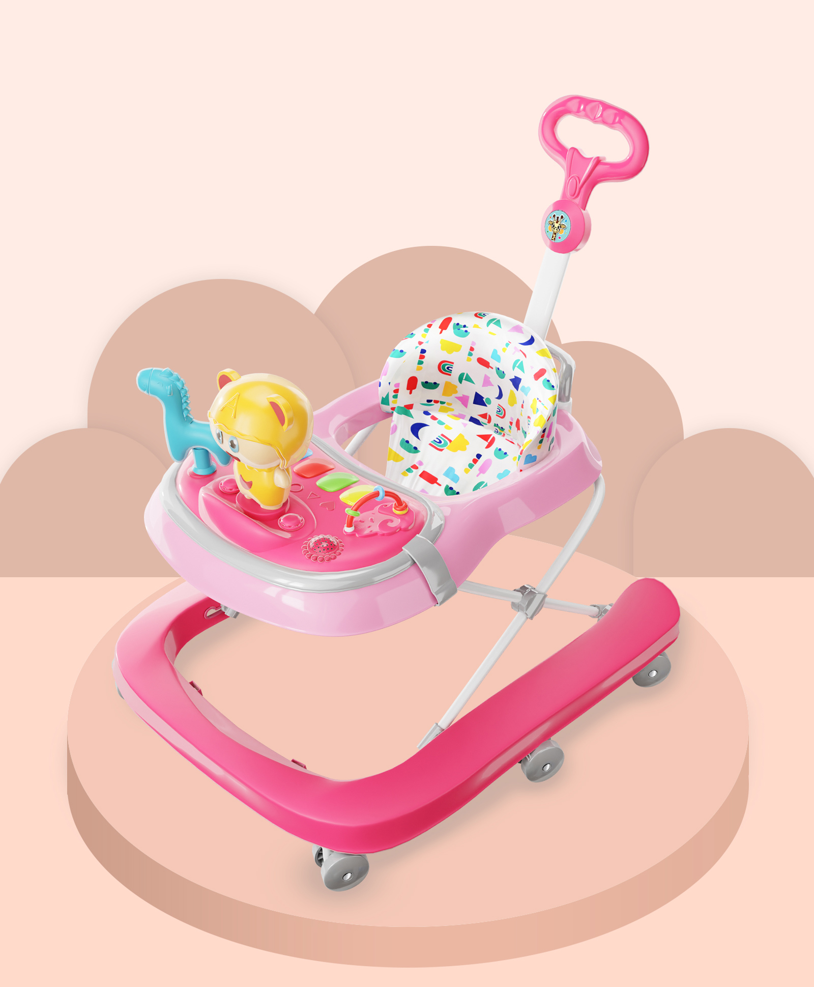 Babyhug Baby Walker with Parental Handle and Musical Toy Tray - Pink-picture-20