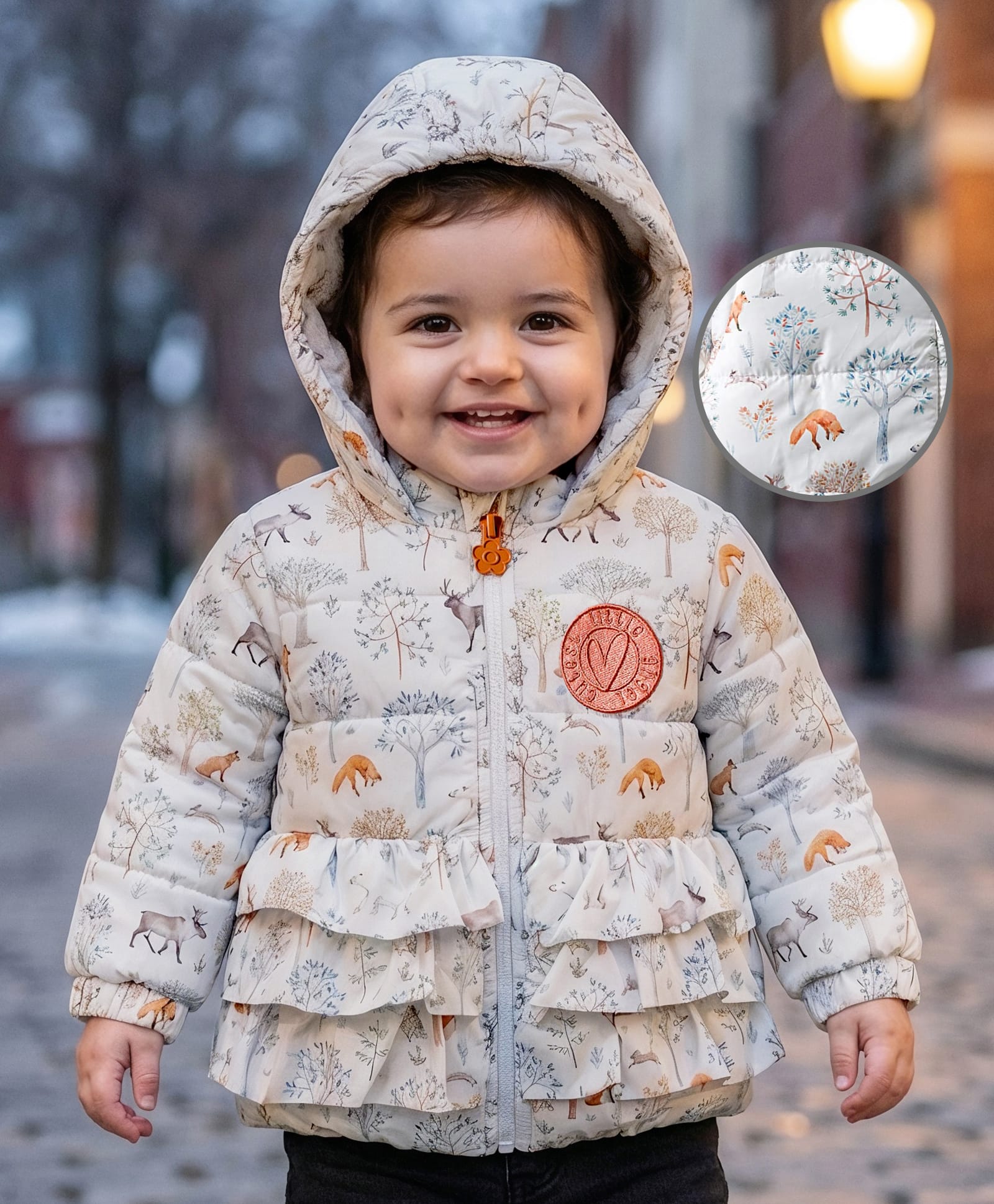 Babyoye Woven Full Sleeves Hooded Padded Jacket with Animal Print & Frill Detailing - White-picture-22