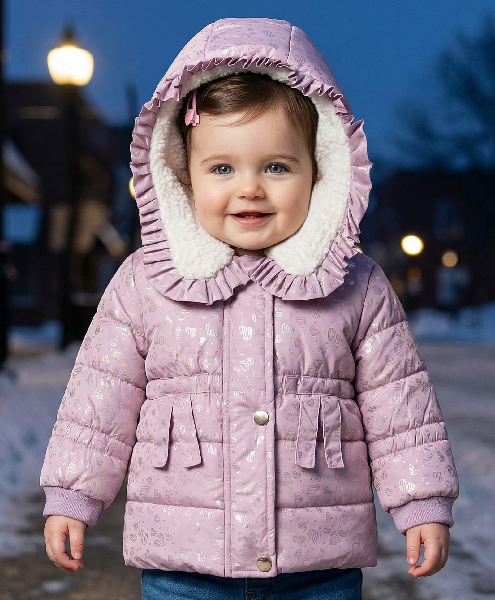 Babyoye Woven Full Sleeves Front Open Padded Hooded Jacket with Foil Print & Frill Detailing - Purple-image-41