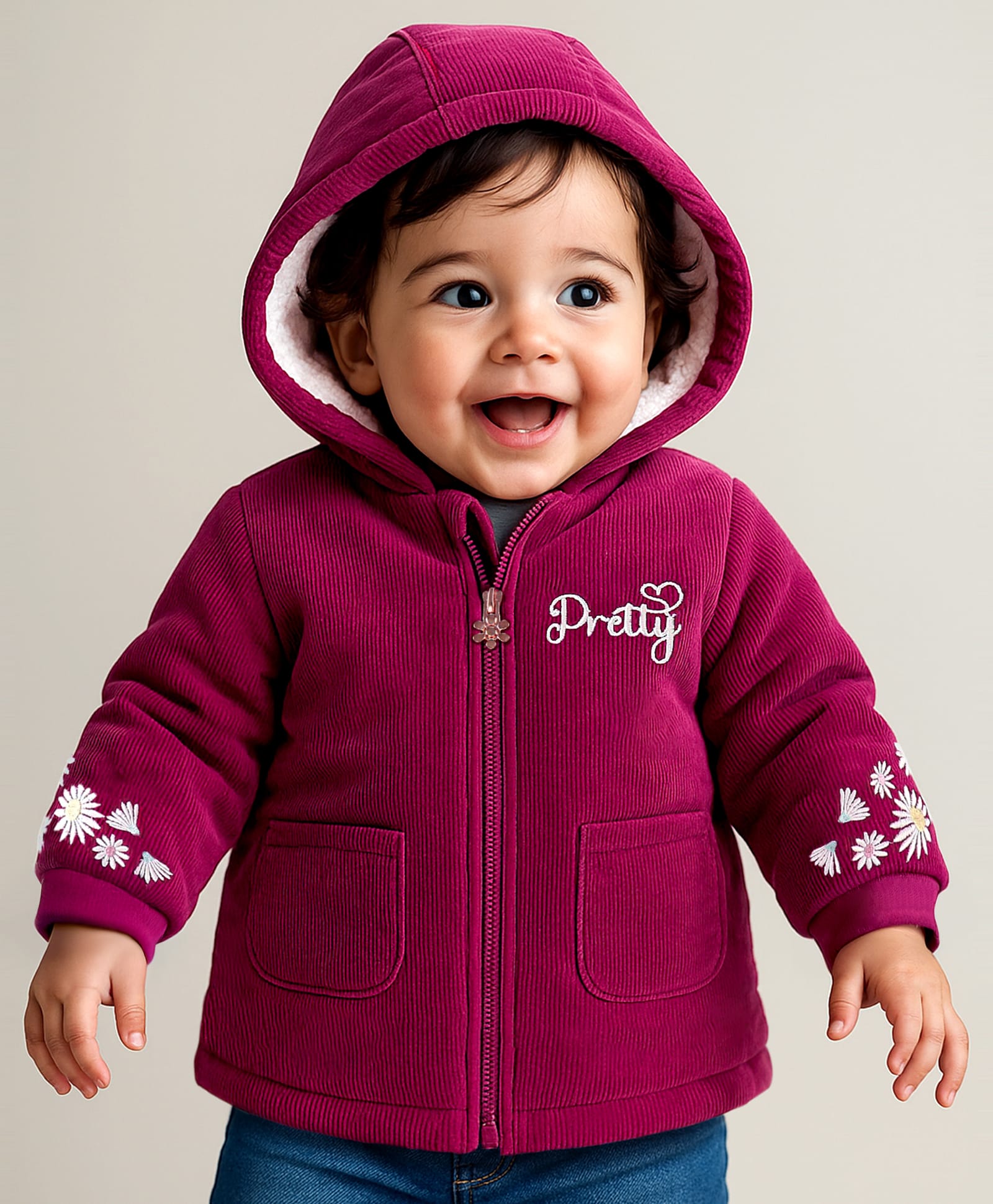 Babyoye Full Sleeves Solid Dyed Hoodies With Floral Embroidery - Pink-picture-26