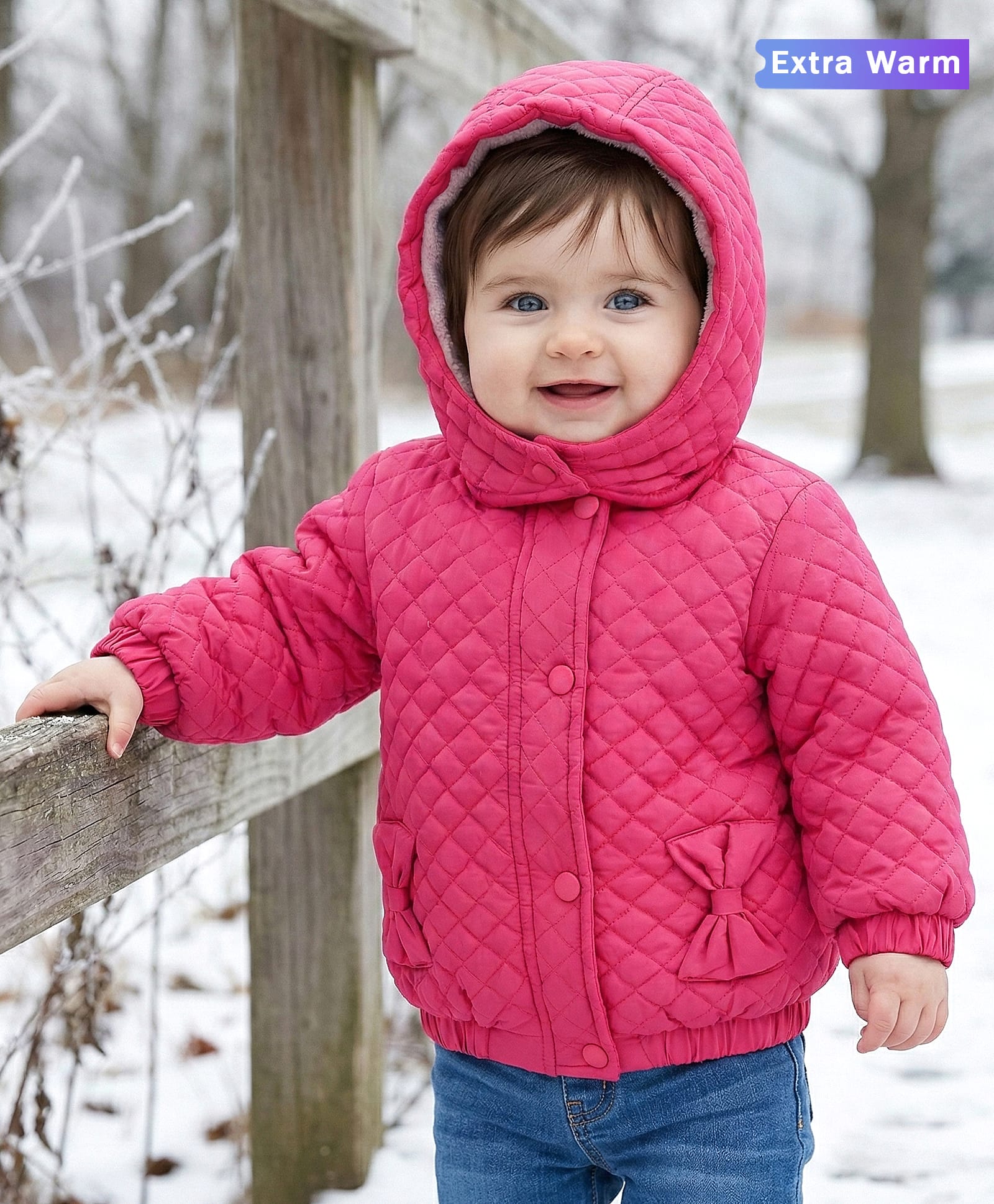 Babyoye Full Sleeves Front Open Padded Hooded Jacket with Quilted Design & Bow Applique - Pink-image-24