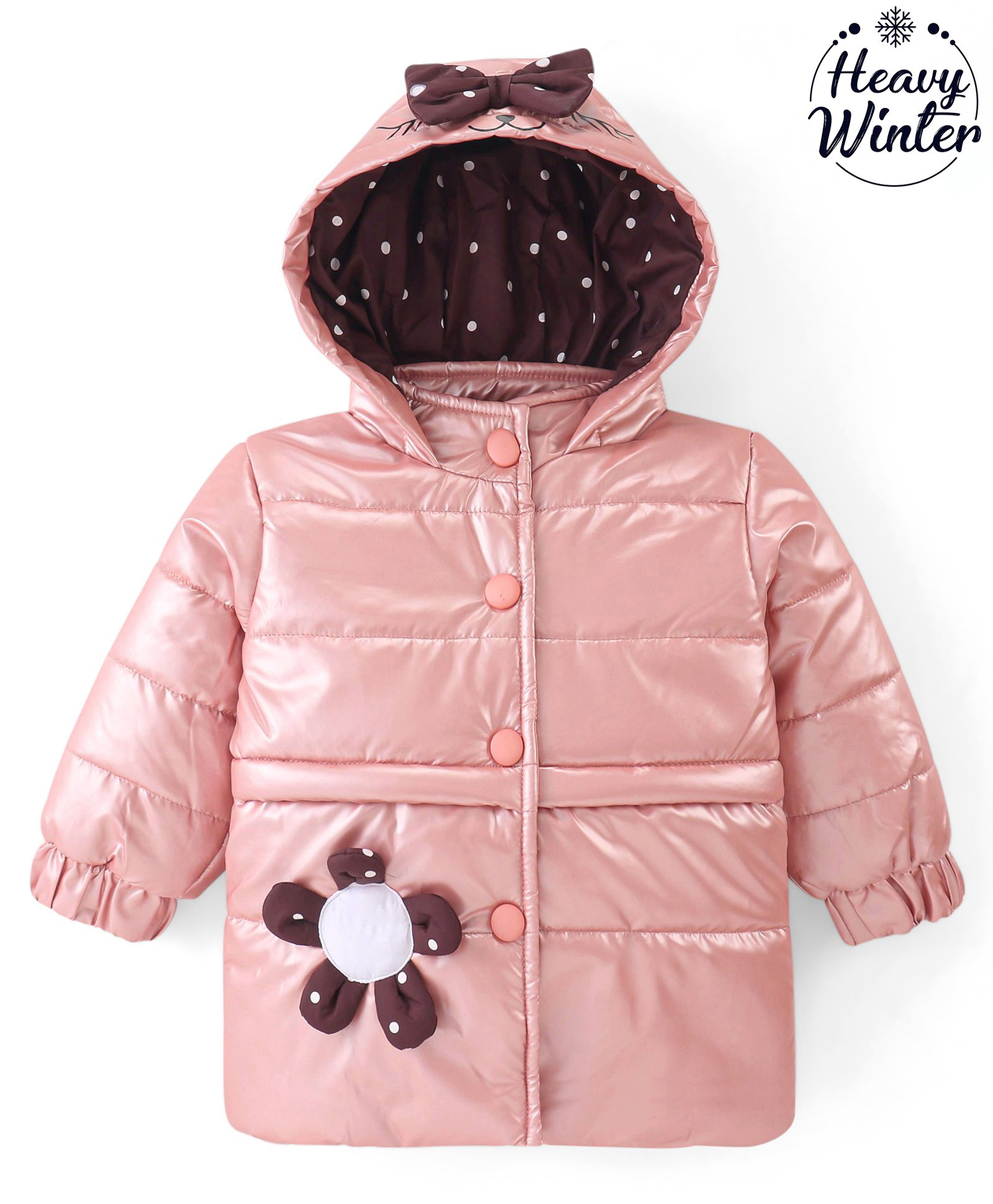 Babyoye Woven Solid Dyed Full Sleeves Front Open Padded Hooded Jacket with Bow & Floral Applique - Peach-image-44