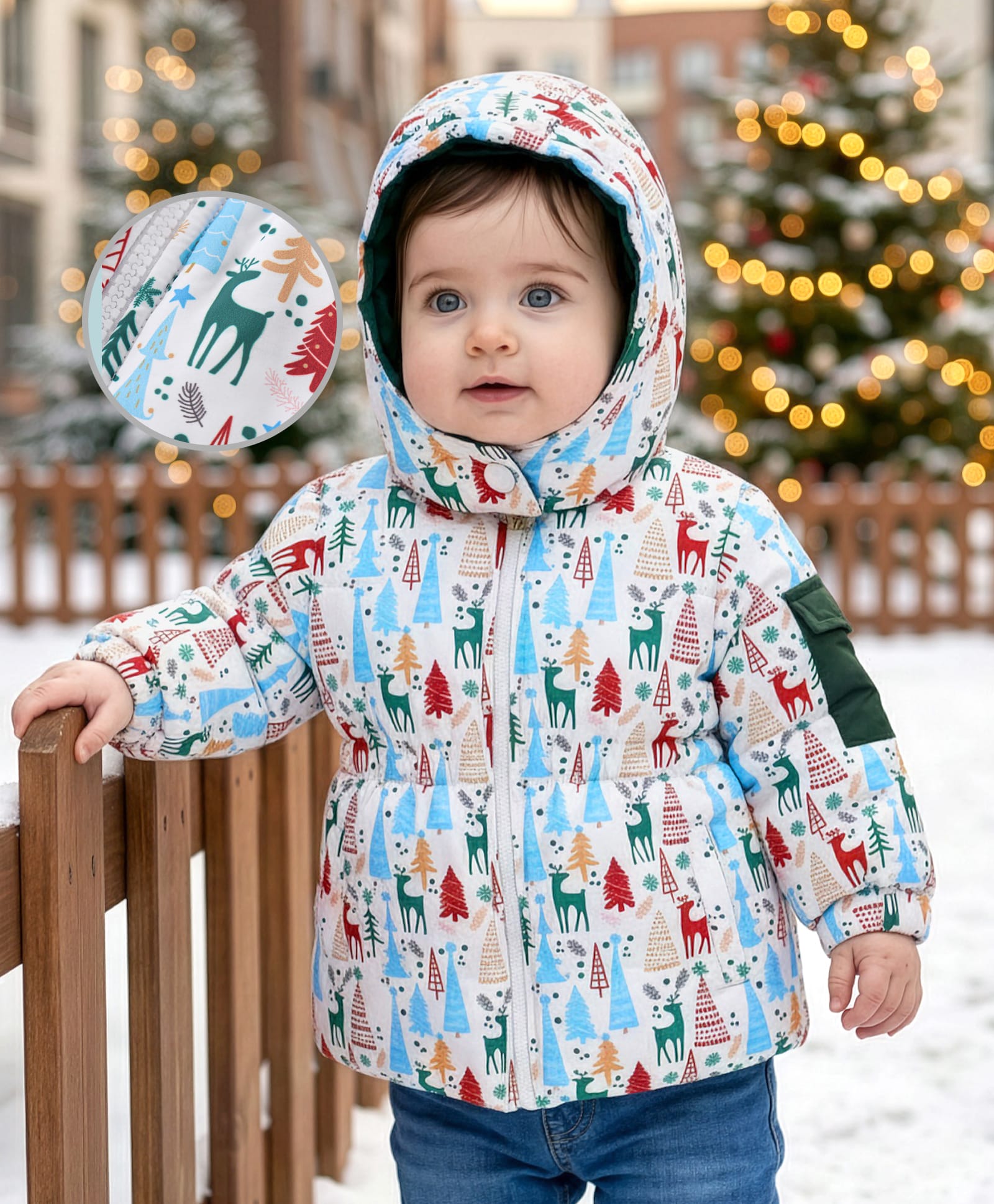 Babyoye Woven Full Sleeves Padded Hooded Jacket with Christmas Theme Print - White-picture-27